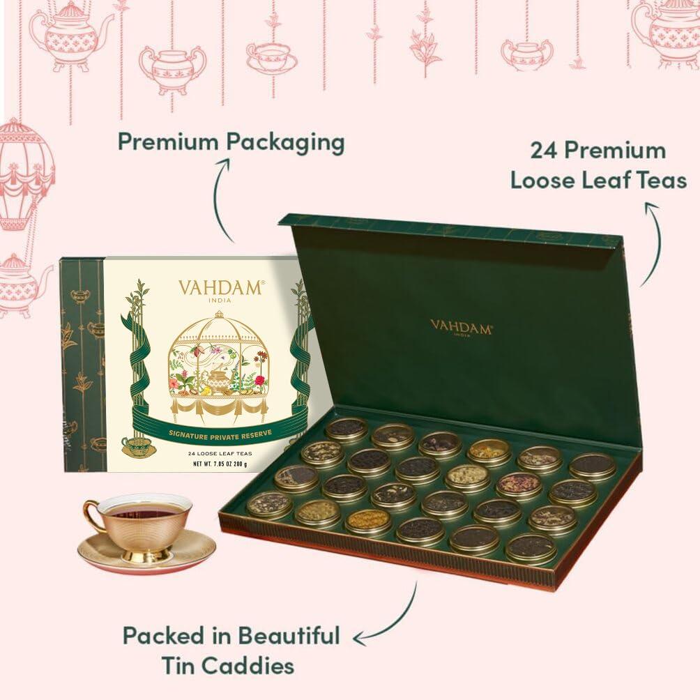 VAHDAM VAHDAM, Luxury Tea Gift Set | 24 Unique Loose Leaf Teas in Tin Caddies - Premium Tea Gift Box | Valentines Day Gifts for Women & Men