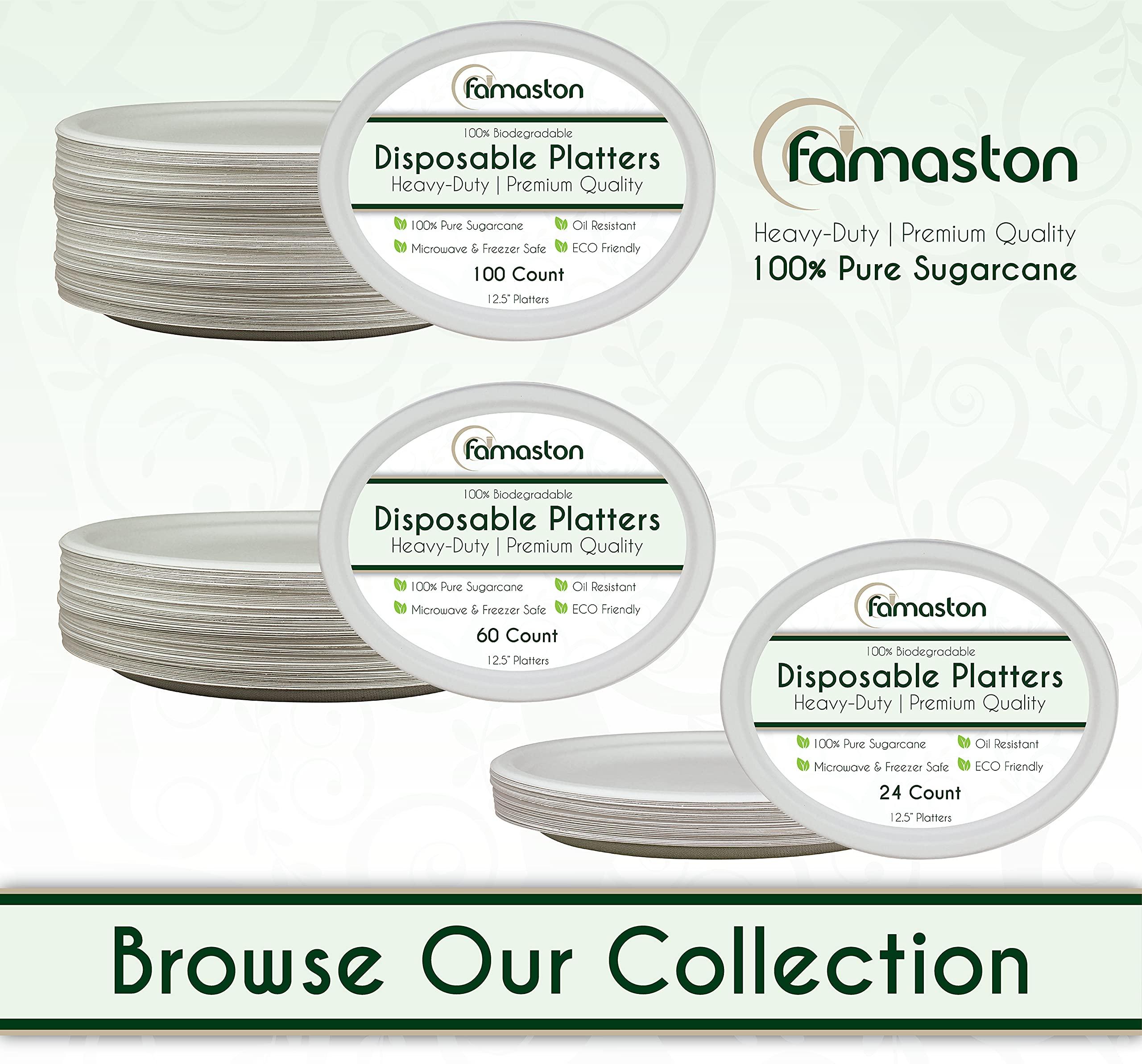 FAMASTON FAMASTON 24 pack Oval Paper Plates 12 inch 100% Compostable Heavy-Duty disposable extra large platters thanksgiving dinner party bulk 12\" biodegradable platos - White