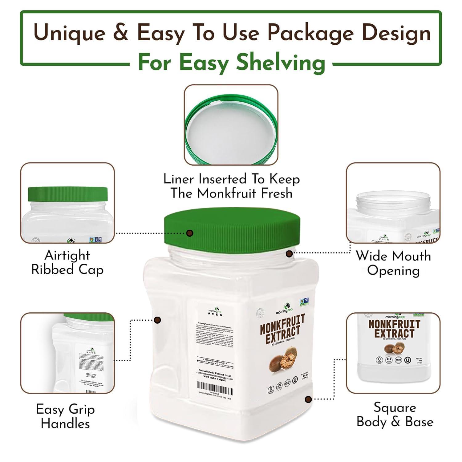 Morning Pep Morning Pep 100% Pure Monk Fruit extract sweetener, No Erythritol, Monkfruit Extract Powder, NON-GMO Project Verified, Keto Certified, OU kosher, No Fillers Zero Calories | Over 900 Servings | 10 oz