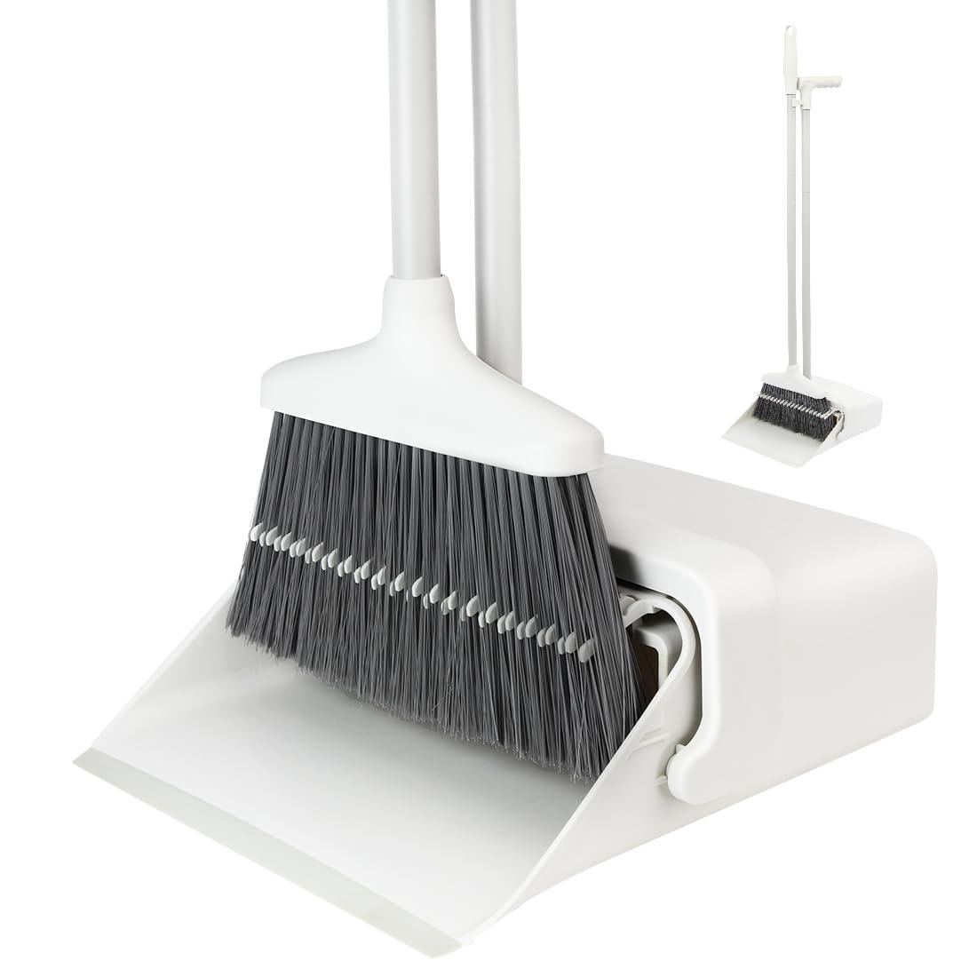 CQT CQT Broom and Dustpan Set with Handle, Brush and Dustpan Set for Home Kitchen Cleaner Floor Sweeping Upright Stand Up Dust pan Cleans Combo (White)