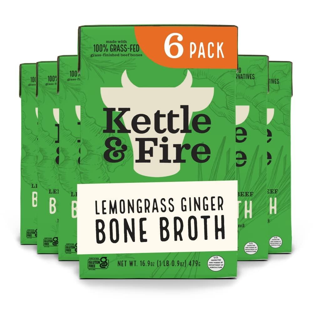 Kettle & Fire Kettle and Fire Lemongrass Ginger Beef Bone Broth, Keto, Paleo, and Whole 30 Approved, Gluten Free, High in Protein and Collagen, 6 Pack
