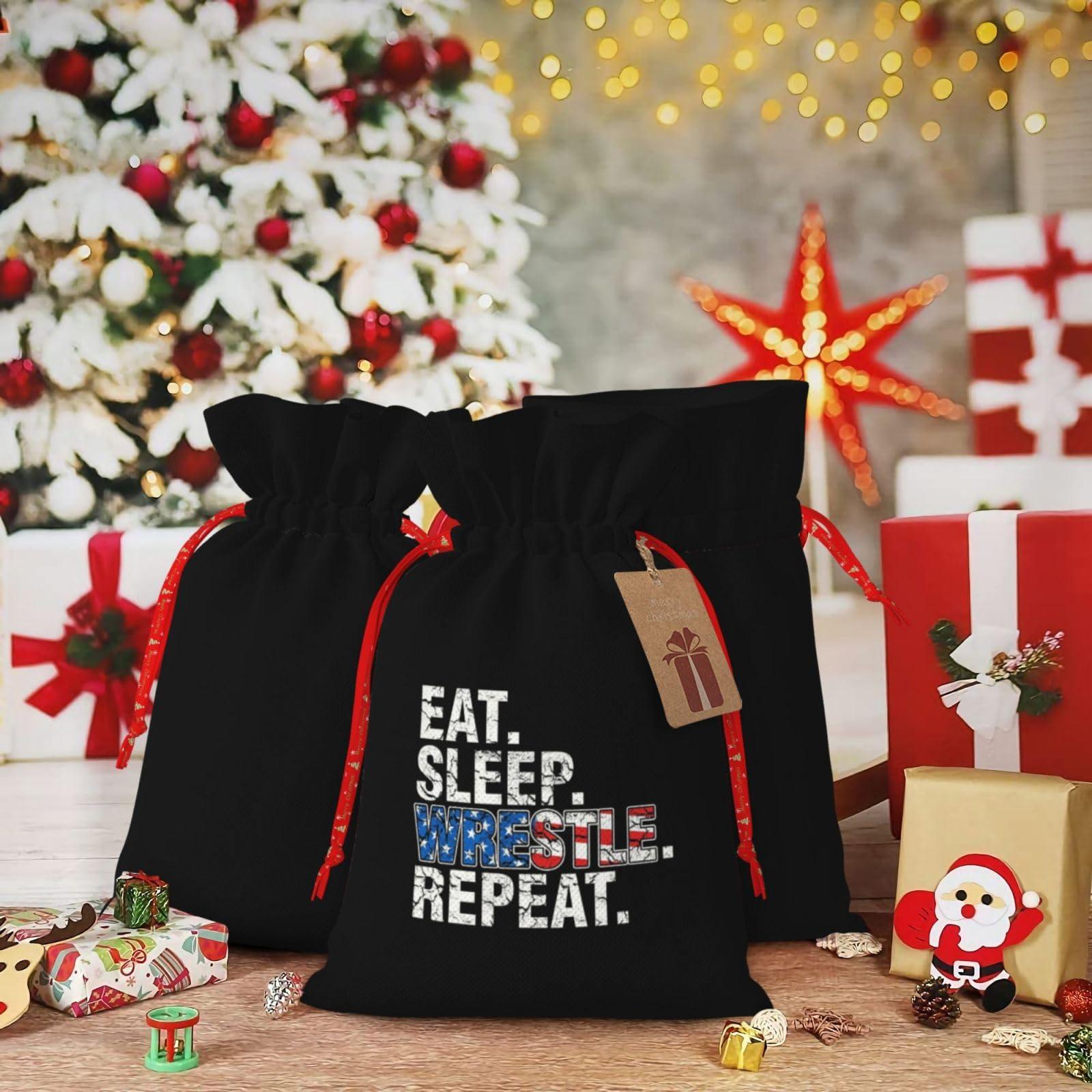 BYOBLU BYOBLU Eat Sleep Wrestle Repeat Wrestling Christmas Gift Bags, Santa Wrapping Bag,With Drawstring And Tags For Reusable