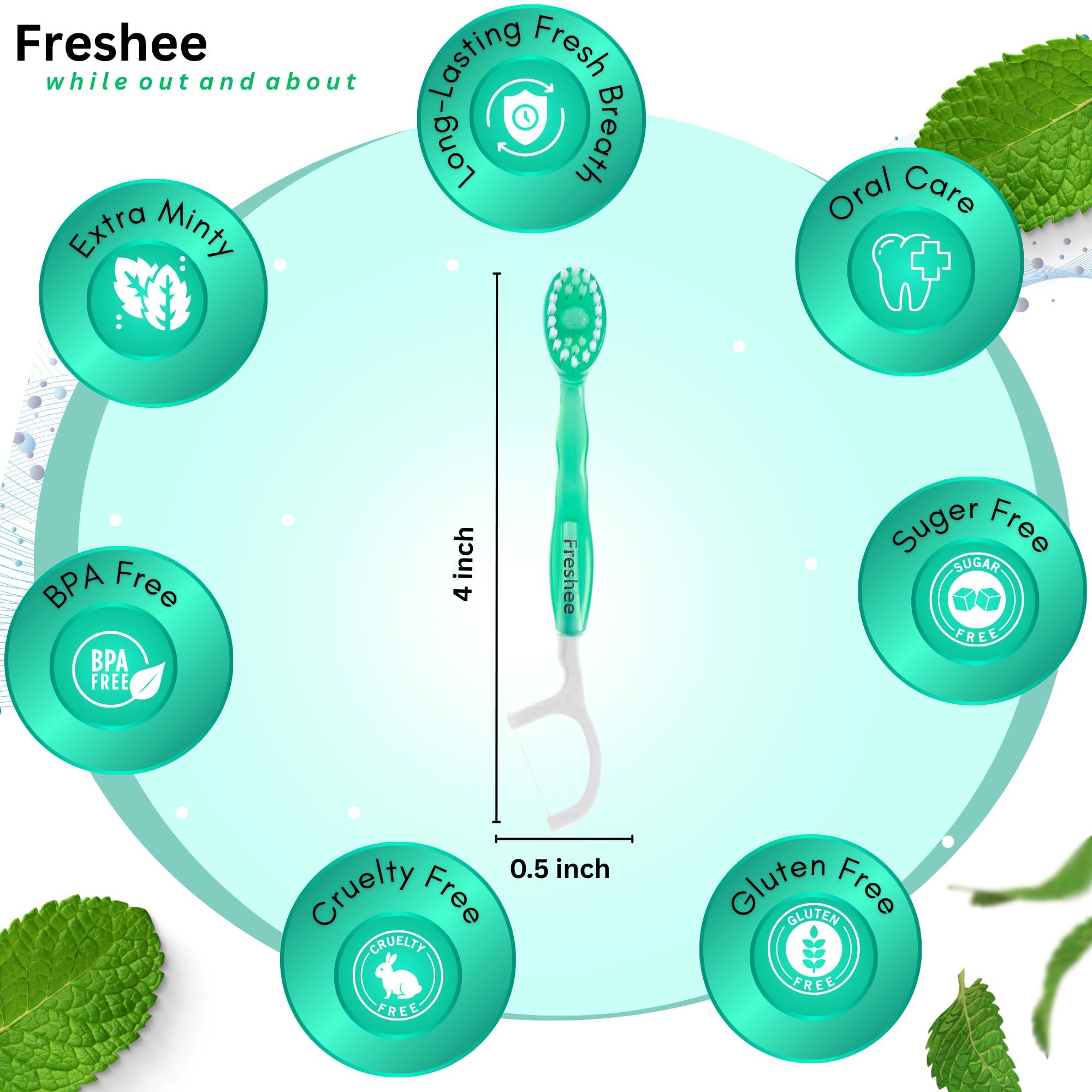Freshee Freshee 5 in 1 Disposable Mini Toothbrush with Toothpaste + Floss + Pick + Tongue Scraper | Travel Size | Individually Wrapped | Soft | Mint | Travel Set | Oral Care