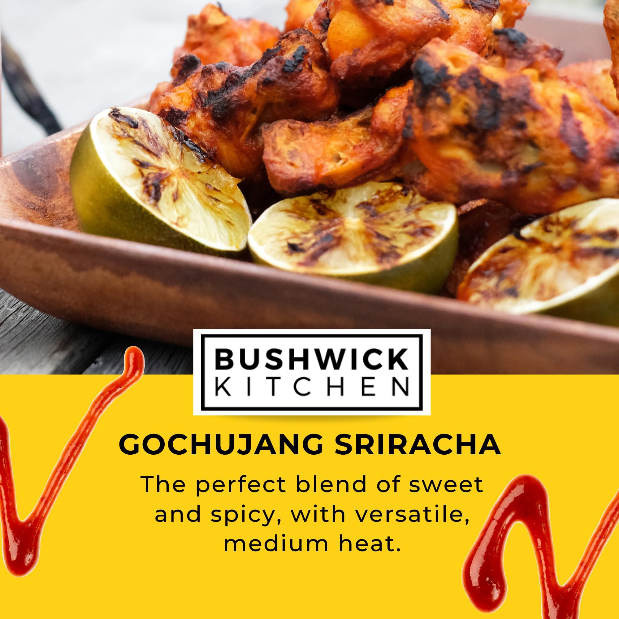 Bushwick Kitchen Weak Knees Gochujang Sriracha Hot Sauce, Sriracha Sauce 10.5oz Easy Squeeze Bottle, Korean Gochujang Paste Infused Sriracha Chili Sauce, Vegan Hot Sauce, Unique Gifts for Men, Food Gifts