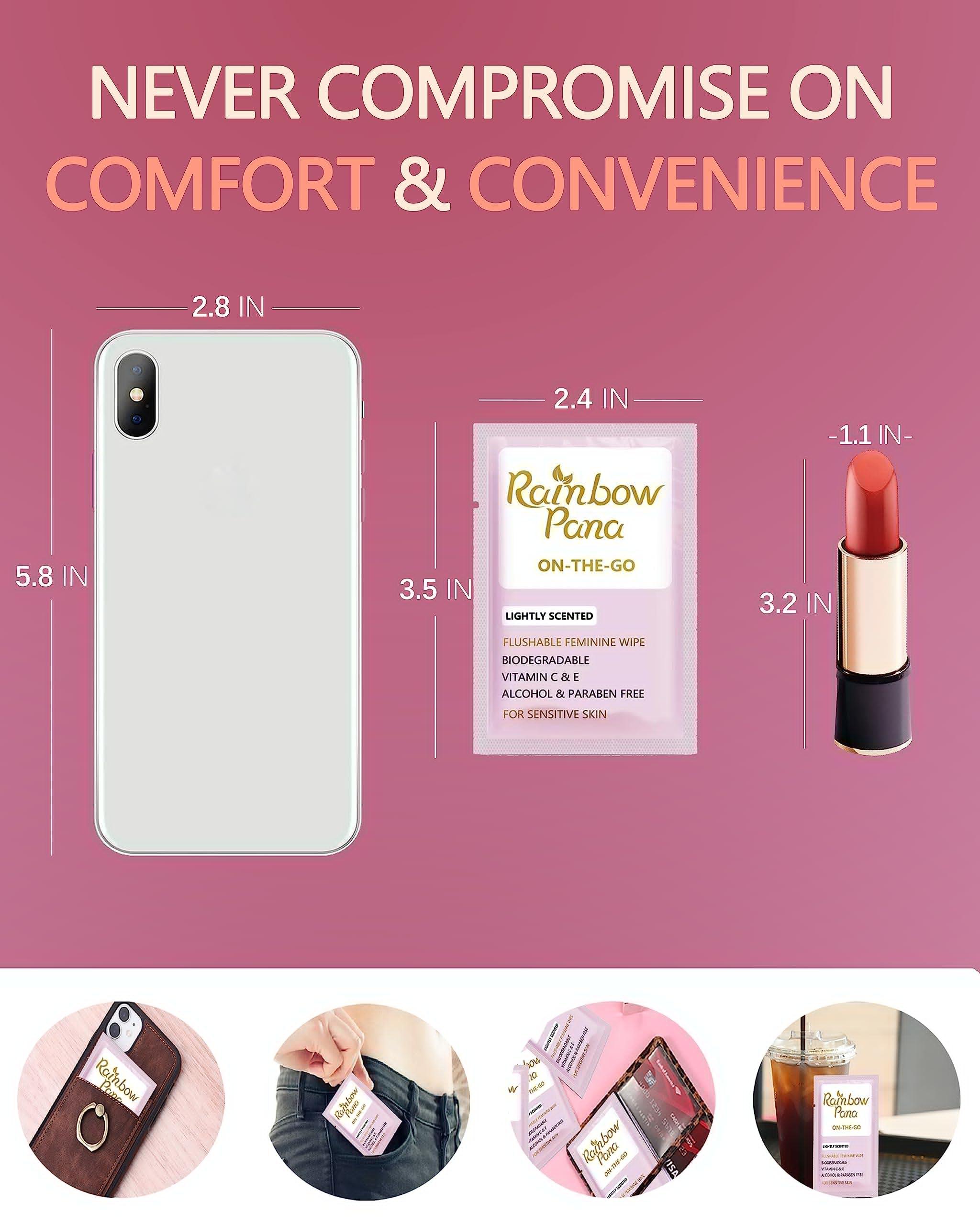 Rainbow Pana RainbowPana Feminine Wipes, 40 Count ON-THE-GO Individually Wrapped | Flushable Wipes, Travel Wipes for Women, Pre/Post-Intimacy Cleansing | Aloe, Portulaca, Vitamin E | pH Balanced, Biodegradable