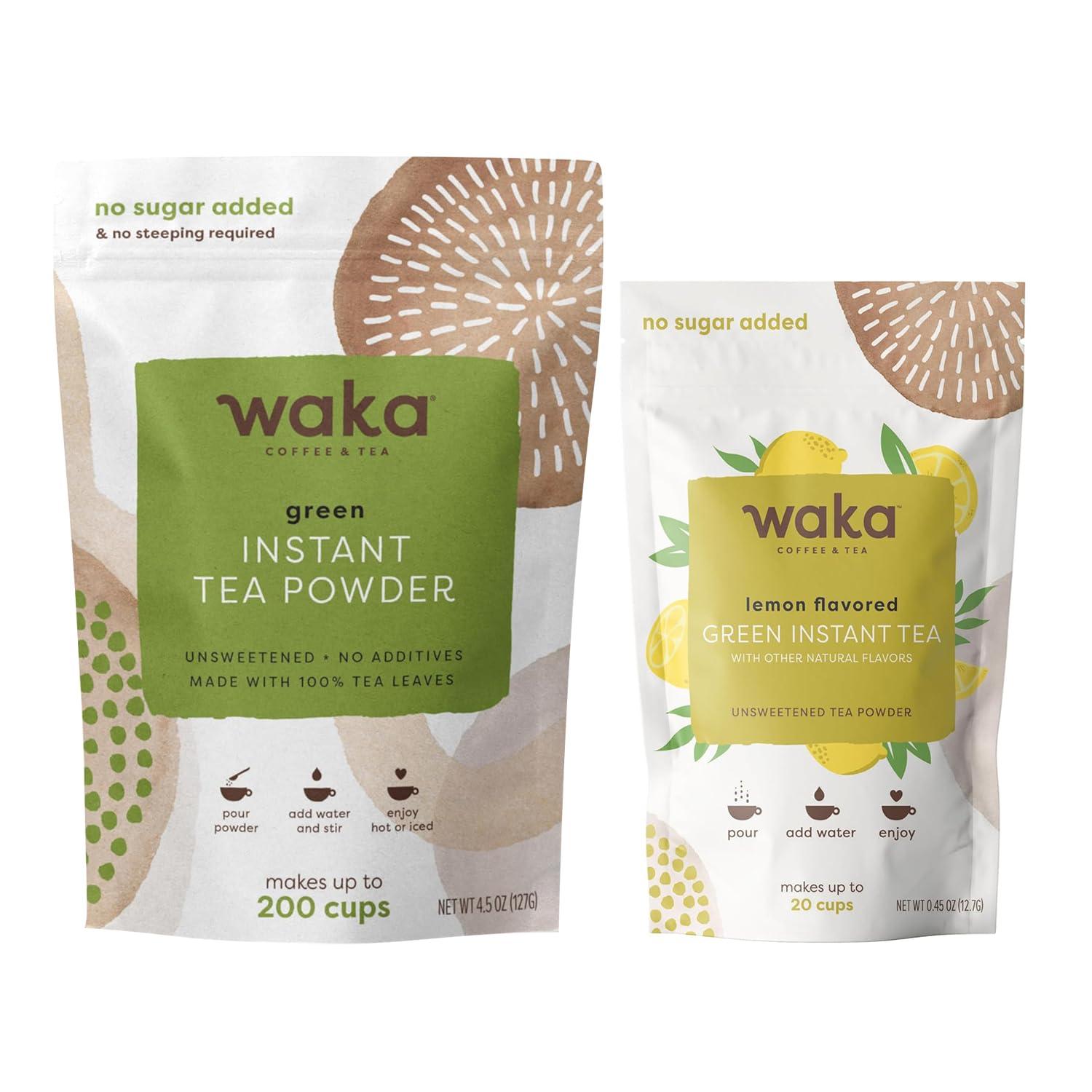 Waka Coffee Waka Premium Instant Tea No Sugar Added & Unsweetened Green Tea (200 Cups) & Lemon Flavor (20 Cups)