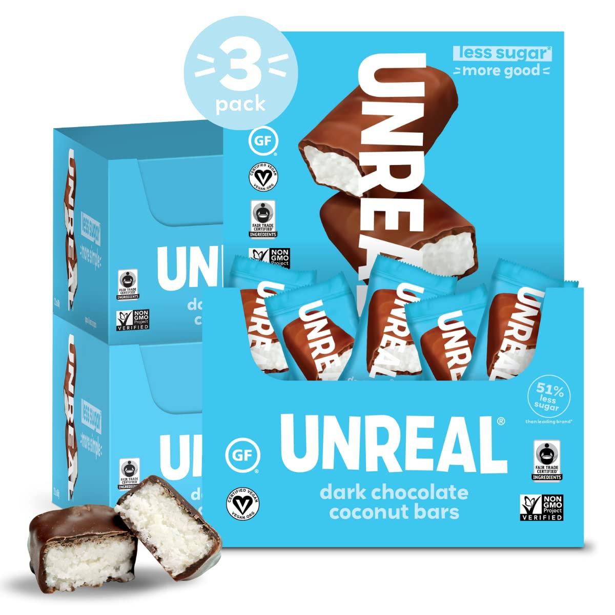 UNREAL UNREAL Dark Chocolate Coconut Bars (3 Caddies) | Vegan, 3g Sugar, & 3 Simple Ingredients | Non-GMO, Gluten Free, & Fair Trade | 40 Cups per Caddy