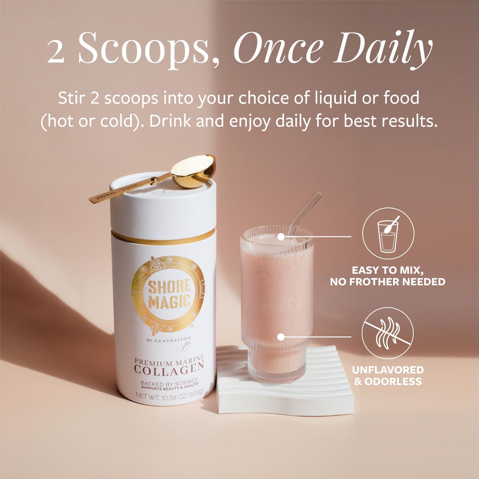 Shore Magic Shore Magic Premium Marine Collagen Powder with Type I II III and IV Hydrolyzed Peptides for Women and Men Sourced from Wild Fish, Certified Halal and Kosher Unflavored - 30 Day Supply, 300g Canister