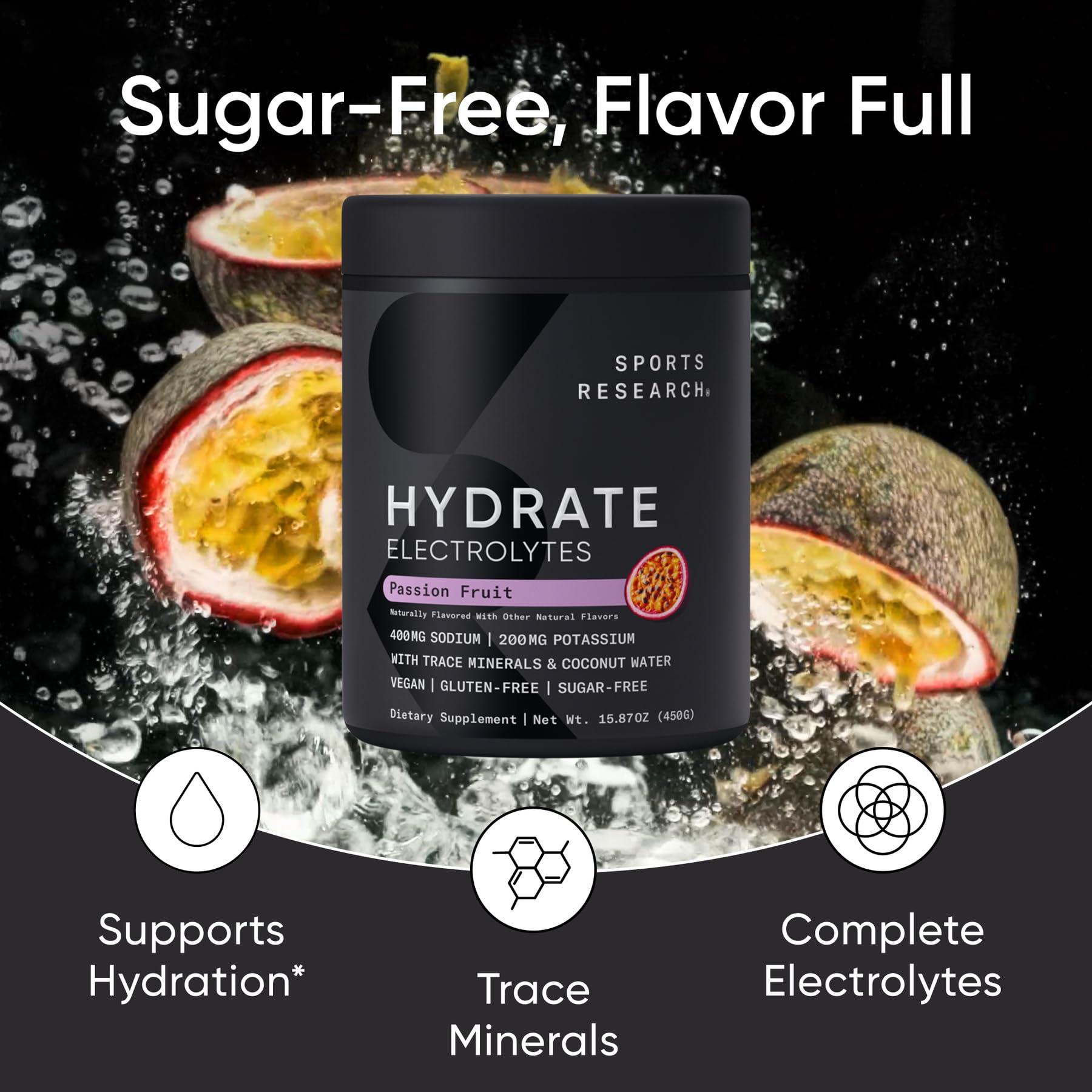 Sports Research Sports Research Hydrate Electrolytes Powder - Sugar-Free & Naturally Flavored with Vitamins, Minerals, and Coconut Water - Supports Hydration - Passion Fruit