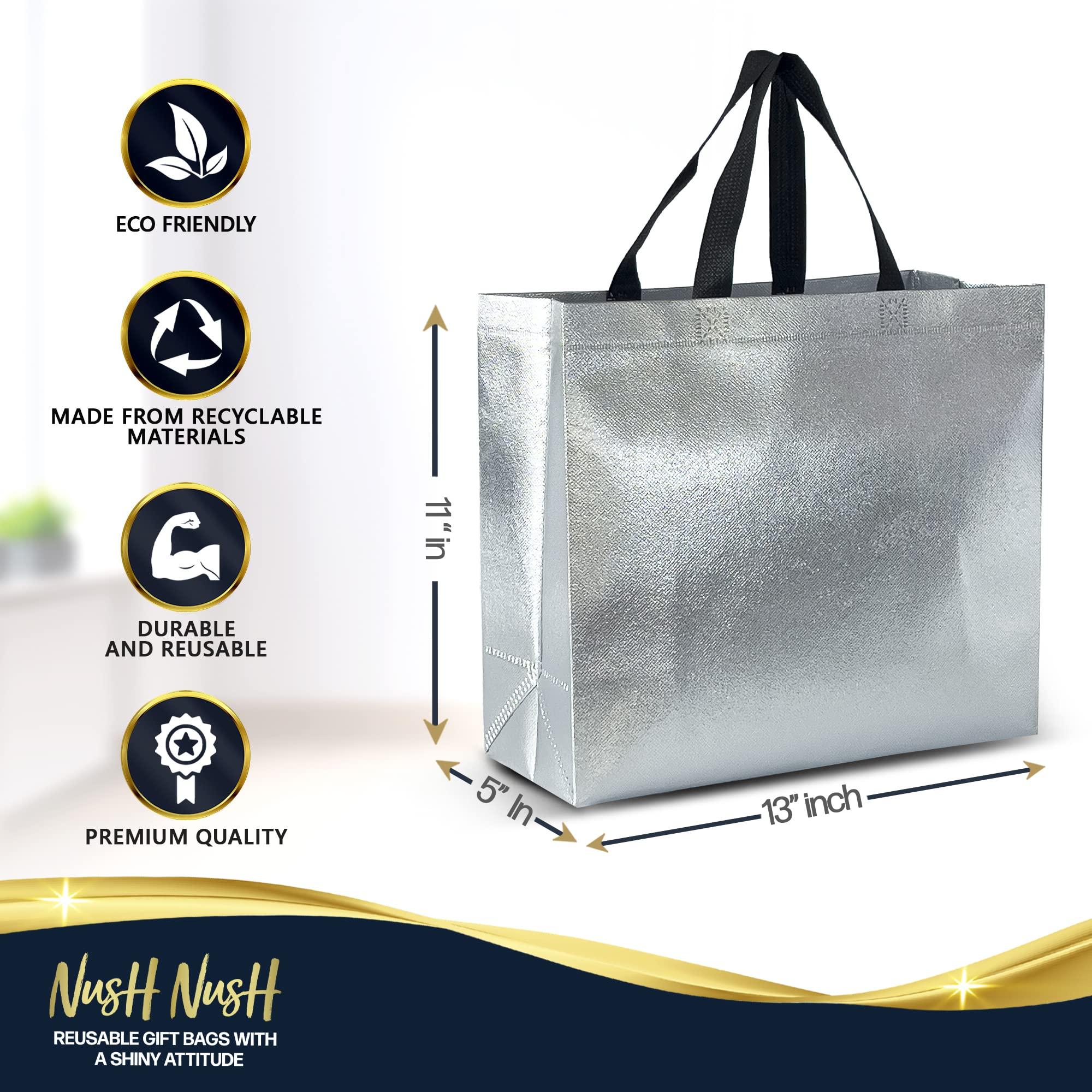 Nush Nush Nush Nush Silver Gift Bags Large Size Set of 30 Silver Reusable Gift Bags in Bulk - Goodie Bags, Christmas Gift Bags With Handles, Party Favor Bags, Gift Bags For Small Business 13Wx5Dx11H Size
