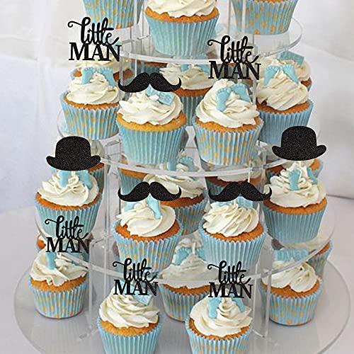 ZHUOWEISM 36 PCS Little Man Cupcake Toppers Black Glitter Hat Mustache Cupcake Picks for Baby Shower Boys Birthday Party Cake Decorations Supplies