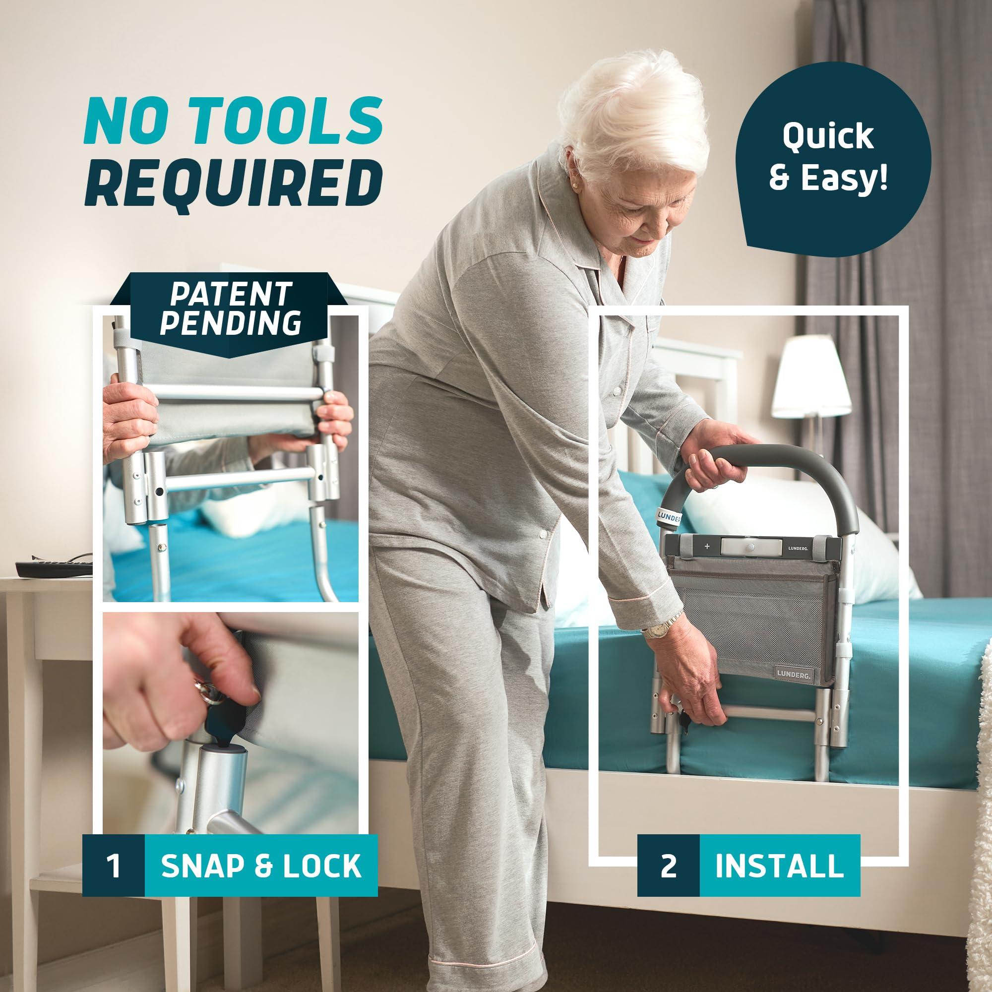 Lunderg Lunderg Bed Rails for Elderly Adults Safety - with Motion Light, Storage Pocket & Non-Slip Handle Bar - Bed Railings for Seniors & Surgery Patients - The Bedside Assist Makes Getting in & Out Easier