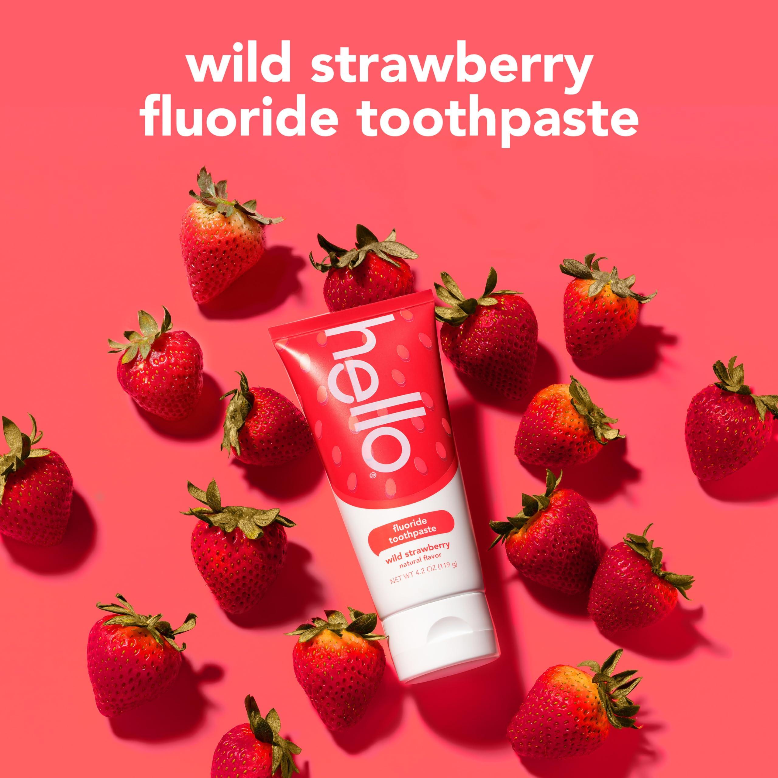 hello hello Wild Strawberry Kids Toothpaste with Fluoride, Strawberry Toothpaste for Kids, Safe for Ages 2 and Up, Helps Prevent Cavities, Strengthen Enamel, and Polishes Teeth, ADA Approved, 3 Pack, 4.2 Oz