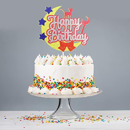 Caiwowo Moon Cat Happy Birthday Cake Topper - Moon Girls Sailor Birthday Party Glitter Cute Cat Cake Supplies - Pink Girl Happy Birthday Party Decoration