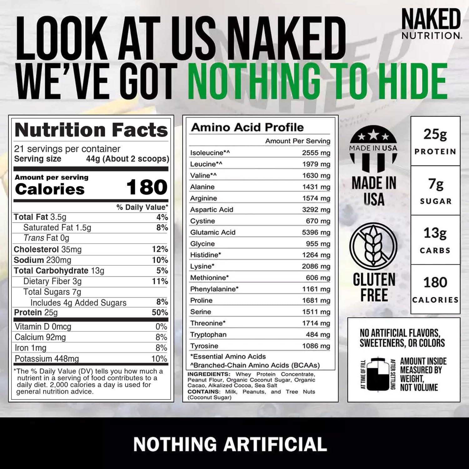 NAKED Naked Nutrition Whey Chocolate Peanut Butter Protein Powder, Grass Fed Whey, No GMO, No Soy, and Gluten Free. Nothing Artificial, Aid Growth and Recovery - 21 Servings