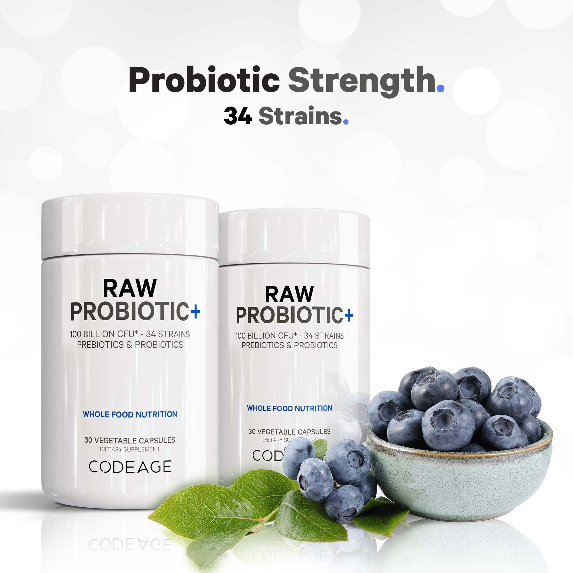 Codeage Codeage Raw Probiotic+ Supplement - 34 Probiotic Strains, 100 Billion CFUs, Raw Whole Food Probiotics, Digestive Enzymes, Raw Fruits & Veggies Prebiotics - Wild Kefir Culture - Non-GMO - 30 Capsules