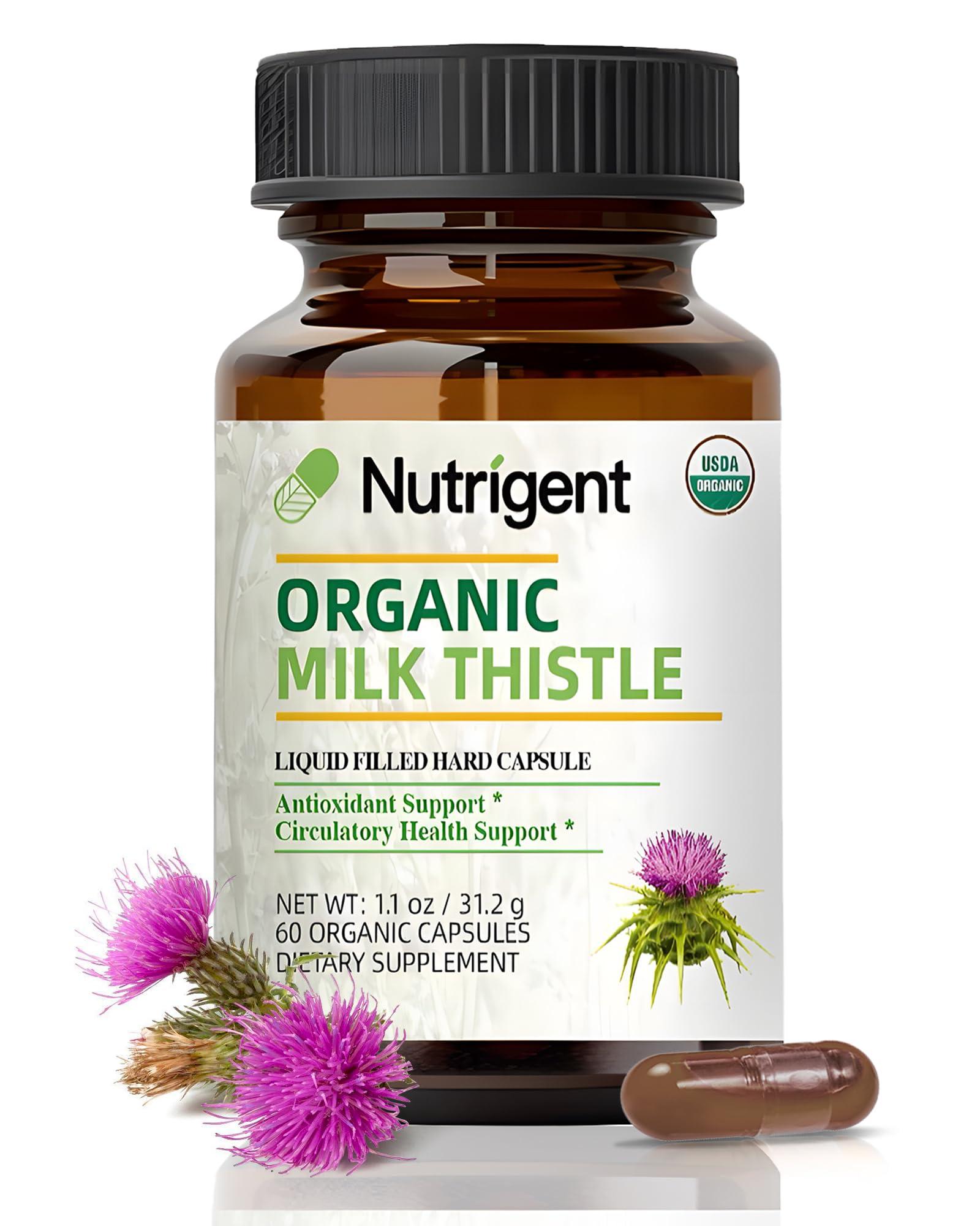 Nutrigent Nutrigent USDA Organic Milk Thistle Supplement 25:1 Extract, 8750 mg Strength, Silymarin Supplement 280 mg, Liquid Organic Capsules, Liver Health & Detox Support, Non-GMO, 60 Count