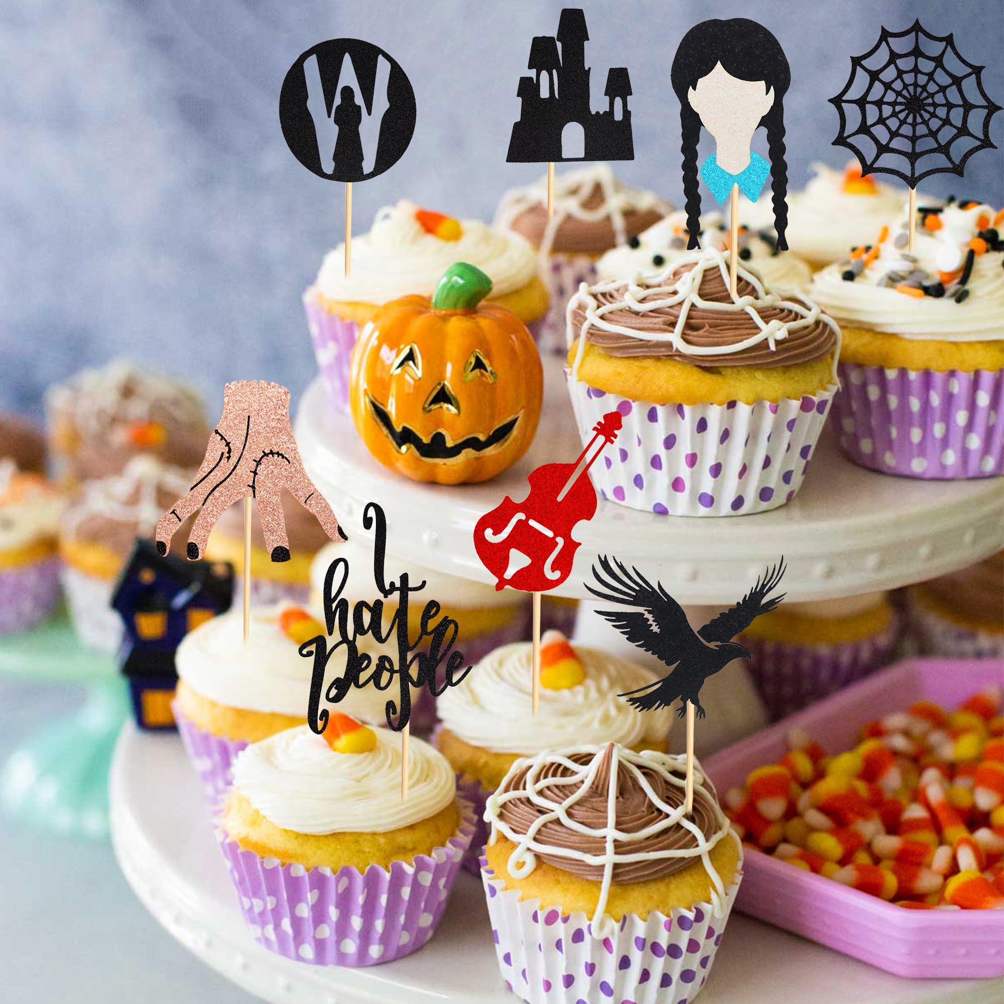 Arthsdite Arthsdite 24Pcs Horror Wednesday Addams Cupcake Toppers Thing Hand Black Eagle I Hate People Cobweb Castle Girl Addams Family Cupcake Picks for Fantasy Wednesday Birthday Party Cake Decorations