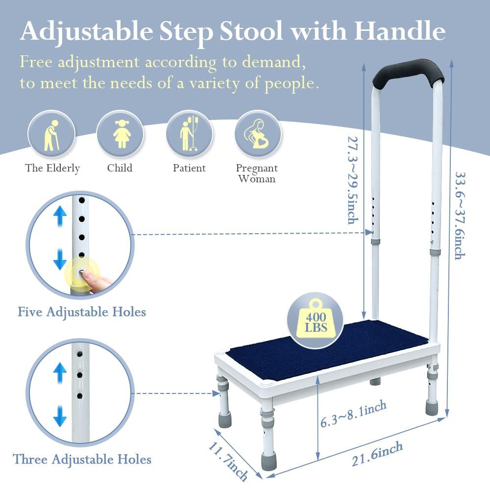 KAVIL Bed Steps for High Beds for Adults Step Stool for Bedside 3-in-1 Foot Stepping with Handle Elderly Senior Aids Daily Living Heavy Duty Adjustable Platform Steps for Kitchen, Car, Bathtub (Blue-21.6\")