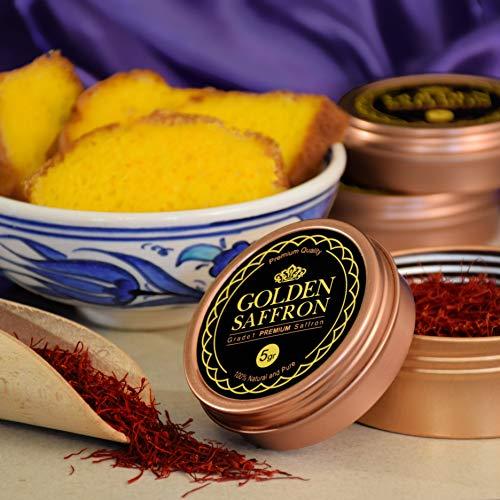 GOLDEN SAFFRON Golden Saffron, Finest Pure Premium All Red Saffron Threads, Grade A+ Super Negin, Non-GMO Verified. For Tea, Paella, Rice, Desserts, Golden Milk and Risotto (5 Grams)