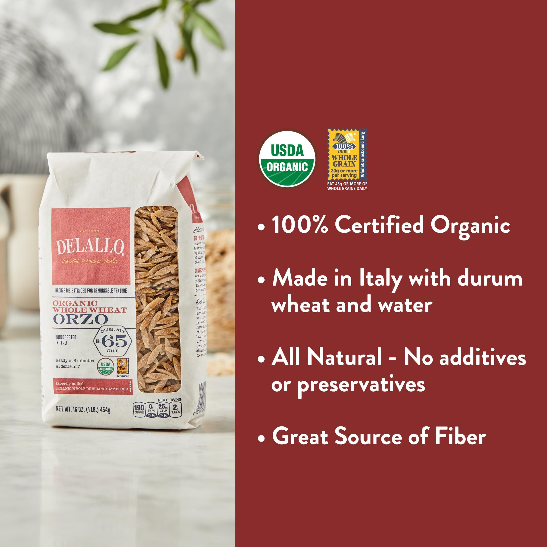 DeLallo DeLallo Whole Wheat Orzo Pasta, 1 Pound Bag, 4 Pack, Organic, 100% Durum Wheat Flour, Made in Italy, High Protein