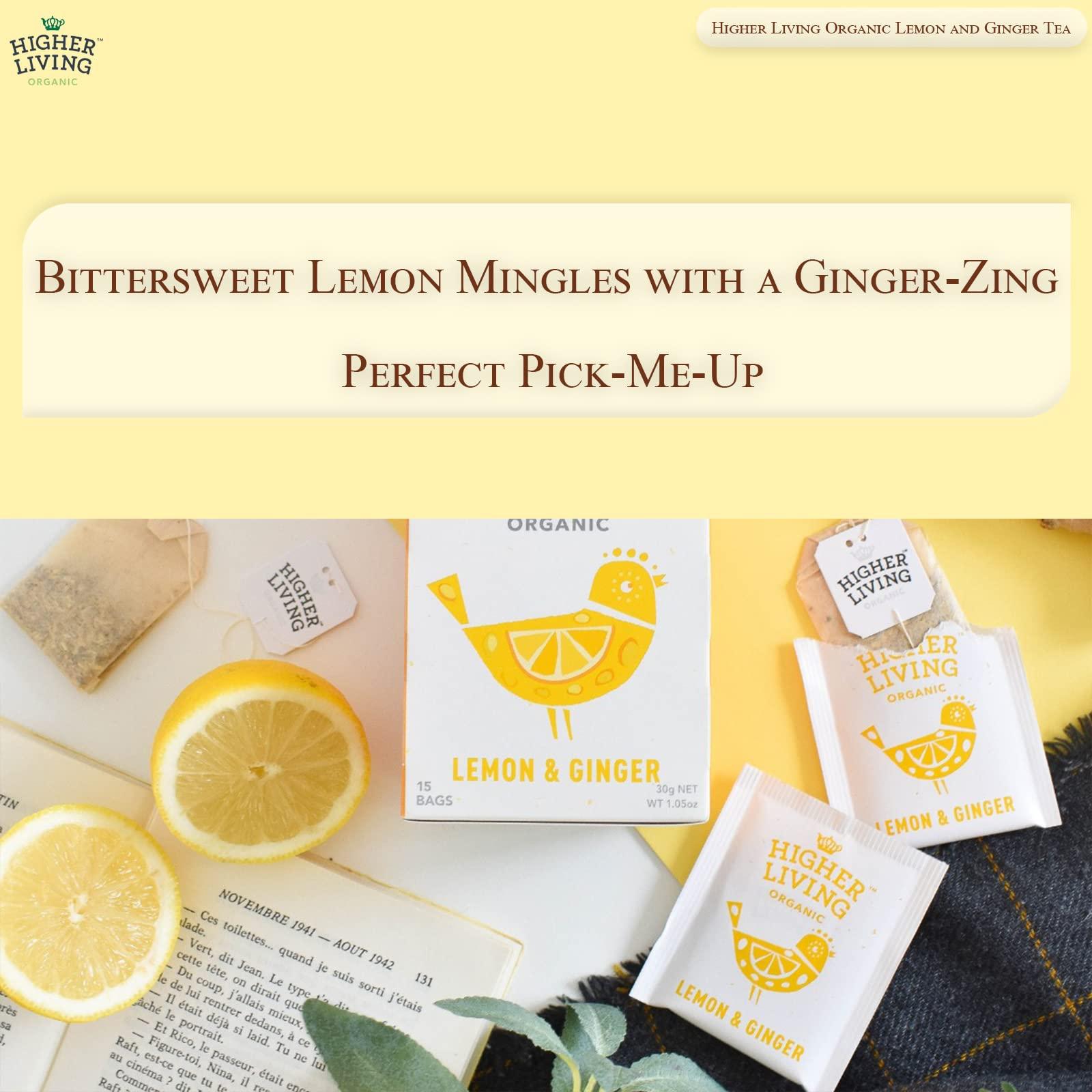 Higher Living Higher Living Organic Lemon & Ginger Herbal Tea - 15 Teabags | with Licorice Root, Lemongrass, Lemon Peel & More | Tangy & Spicy Flavor | Caffeine Free | Use as Hot or Iced Tea | 1.05oz/30g
