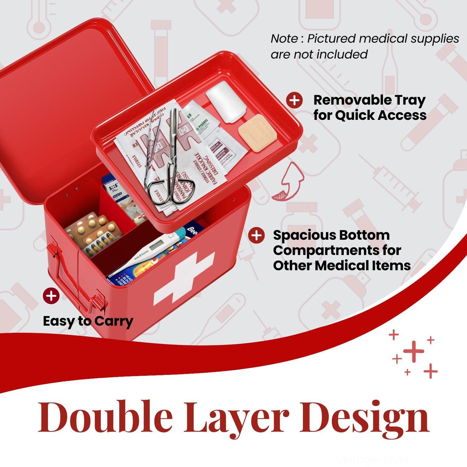 Flexzion Flexzion First Aid Box Organizer, Empty 8.5 Inch Red Vintage First Aid Kit Tin Metal Medical Box First Aid Storage Box Container Bins with Dividers, Removable Tray and Cross Logo