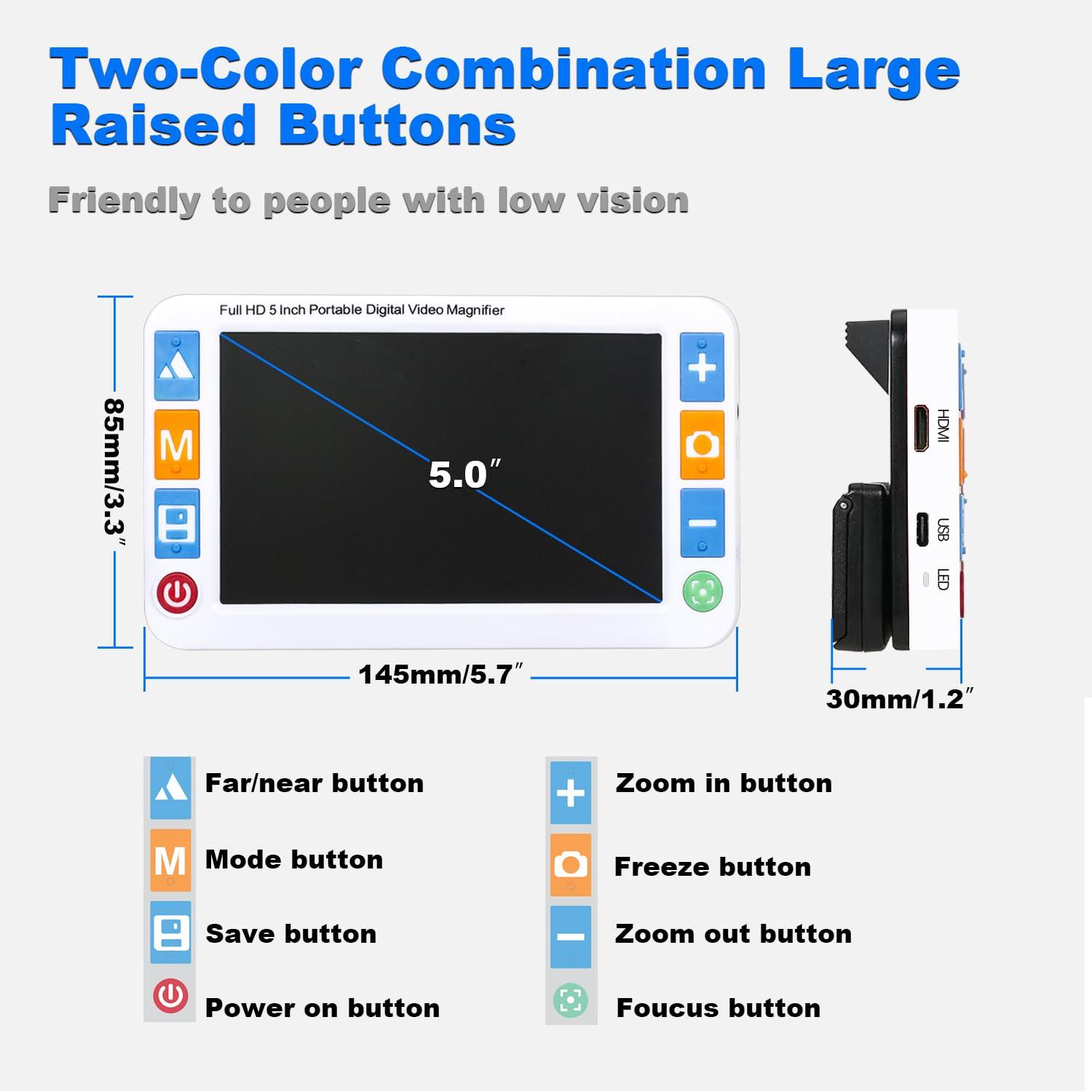 RayHong Portable Digital Video Magnifier Electronic Reading Aid 5.0 Inch with Foldable Handle for The Visually Impaired Macular Degeneration Low Vision, 2X-32X Times Zoom 26 Color Modes