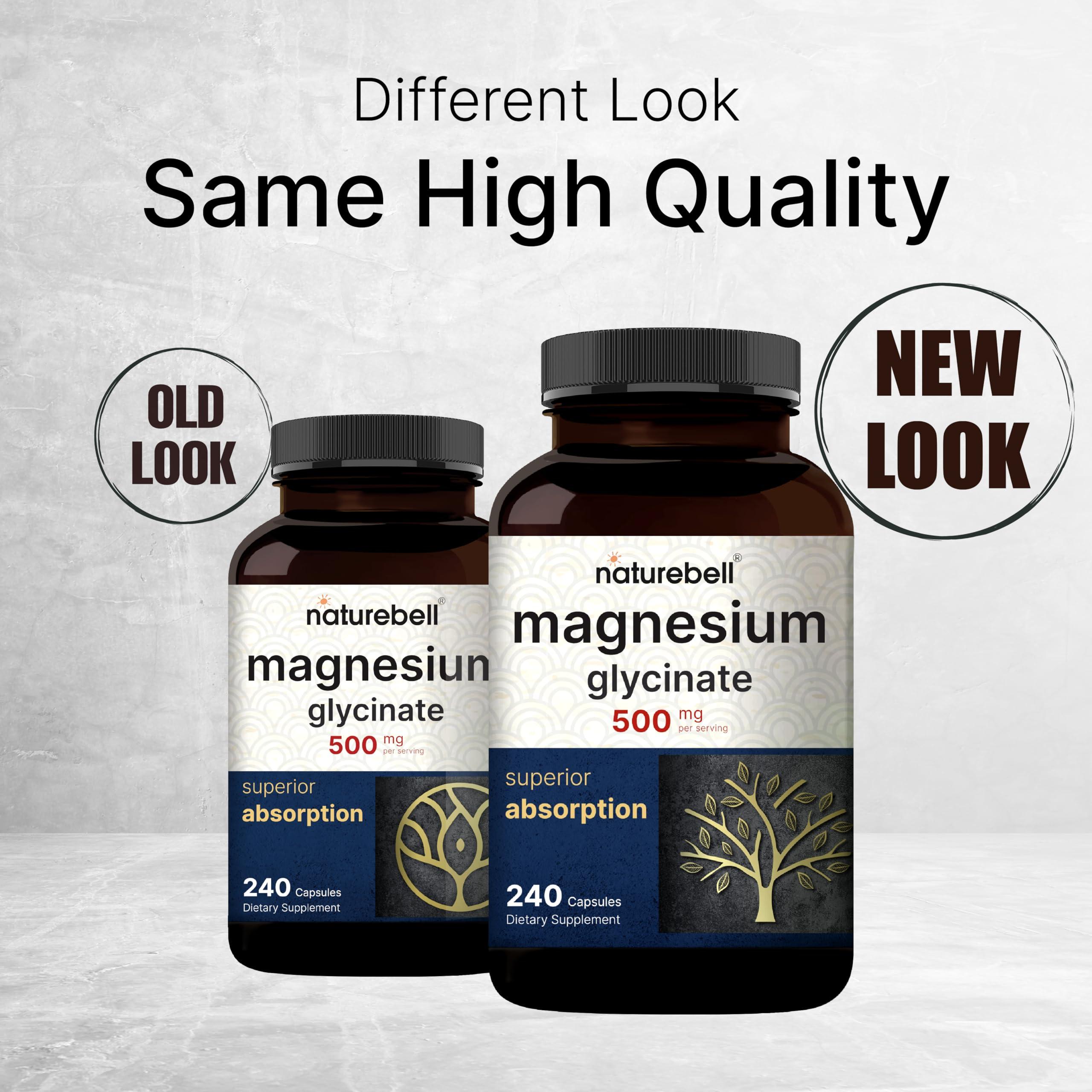 NatureBell Magnesium Glycinate Capsules 500mg | 240 Count, 100% Chelated & Purified, 3rd Party Tested, Non-GMO & Gluten Free