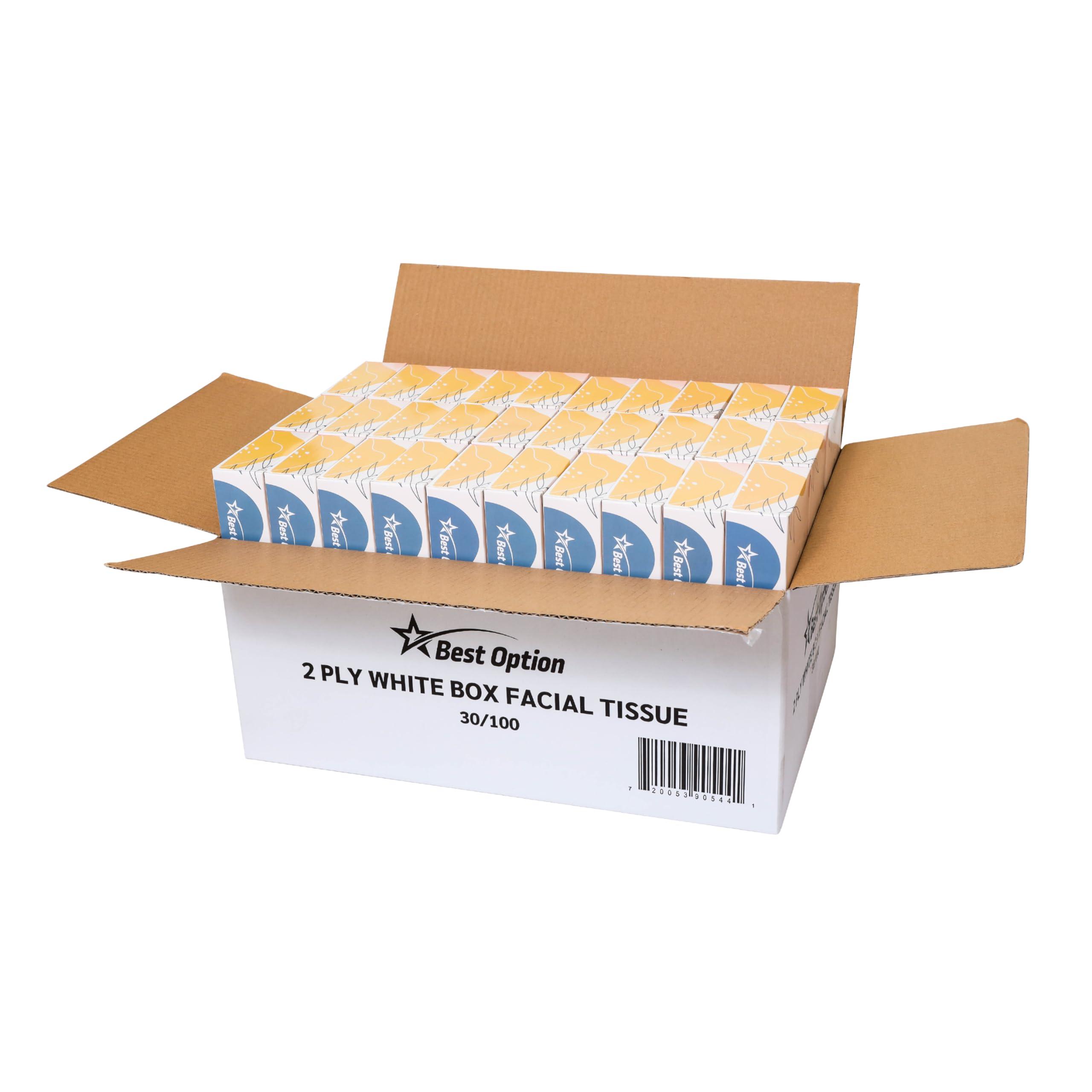 Best Option Soft 2-Ply Facial Tissue, White, 100-Count Box| Professional, Gentle and Durable | Great for Bathroom, Office, Business, School (3,000 Tissues, Bulk Pack of 30-Boxes)