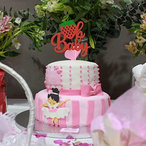 Gyufise 1Pc Strawberry Oh Baby Cake Topper Red Glitter Babyshower Strawberry Cake Pick Decoration for Sweet Fruit Theme Baby Shower Kids Birthday Party Supplies