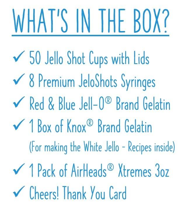JeloShots Jello Shots Party Kit - American Flag Party Pack - Makes Over 50 (Large) 2oz Jello Shots - Includes Recipes eBook, Jello Shot Syringes, Mini Cups with Lids, Candy Belts, Knox & Dessert Gelatin