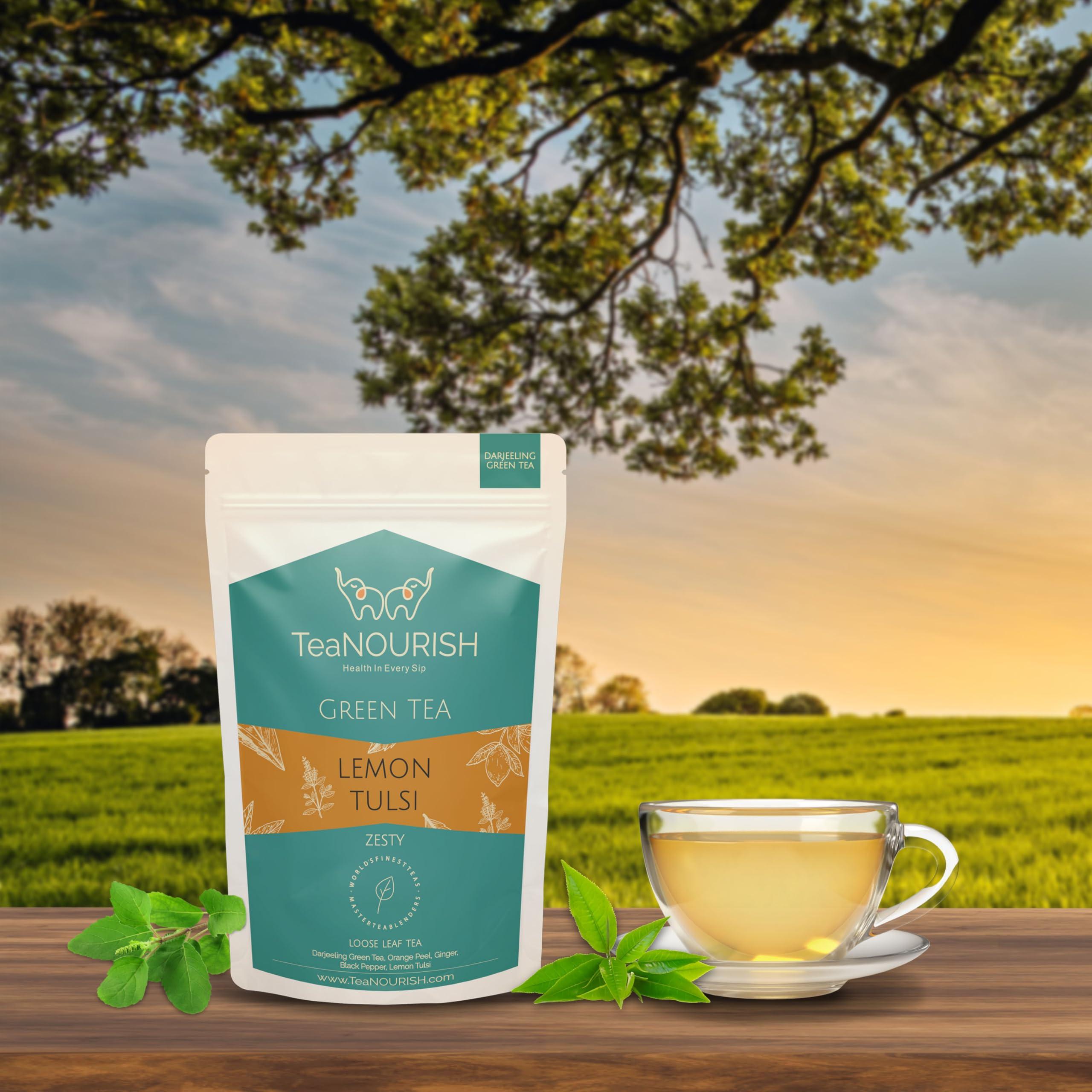 TEANOURISH TeaNOURISH Lemon Tulsi Green Tea | Darjeeling Loose Leaf | Stress Relief Tea | Immune Support Tea | 100% Natural Ingredients | Brew 50 Cups Hot or Iced Tea - 3.53oz/100g (Pack of 2)
