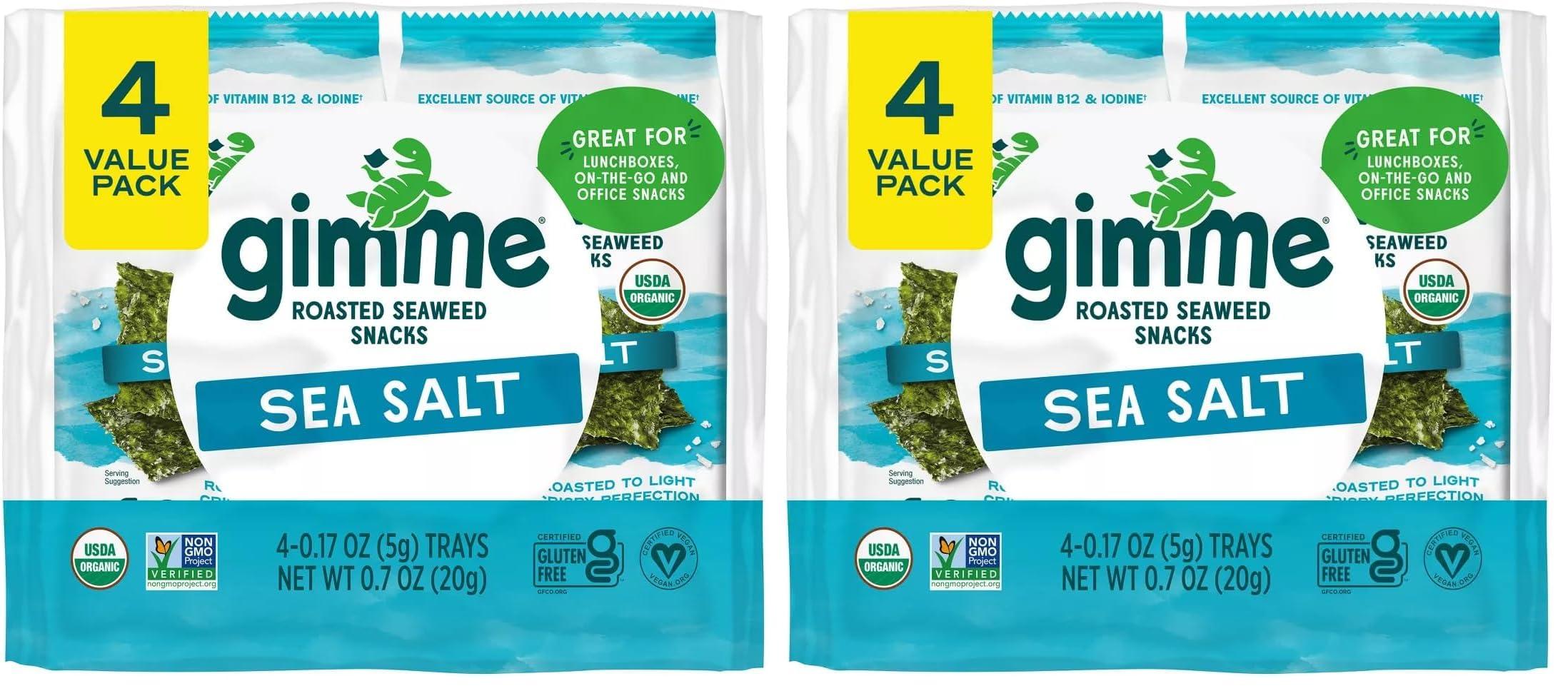 gimMe gimMe - Sea Salt - Organic Roasted Seaweed Sheets - Keto, Vegan, Gluten Free - Great Source of Iodine & Omega 3s - Healthy On-The-Go Snack for Kids Adults 4 Count (Pack of 2)