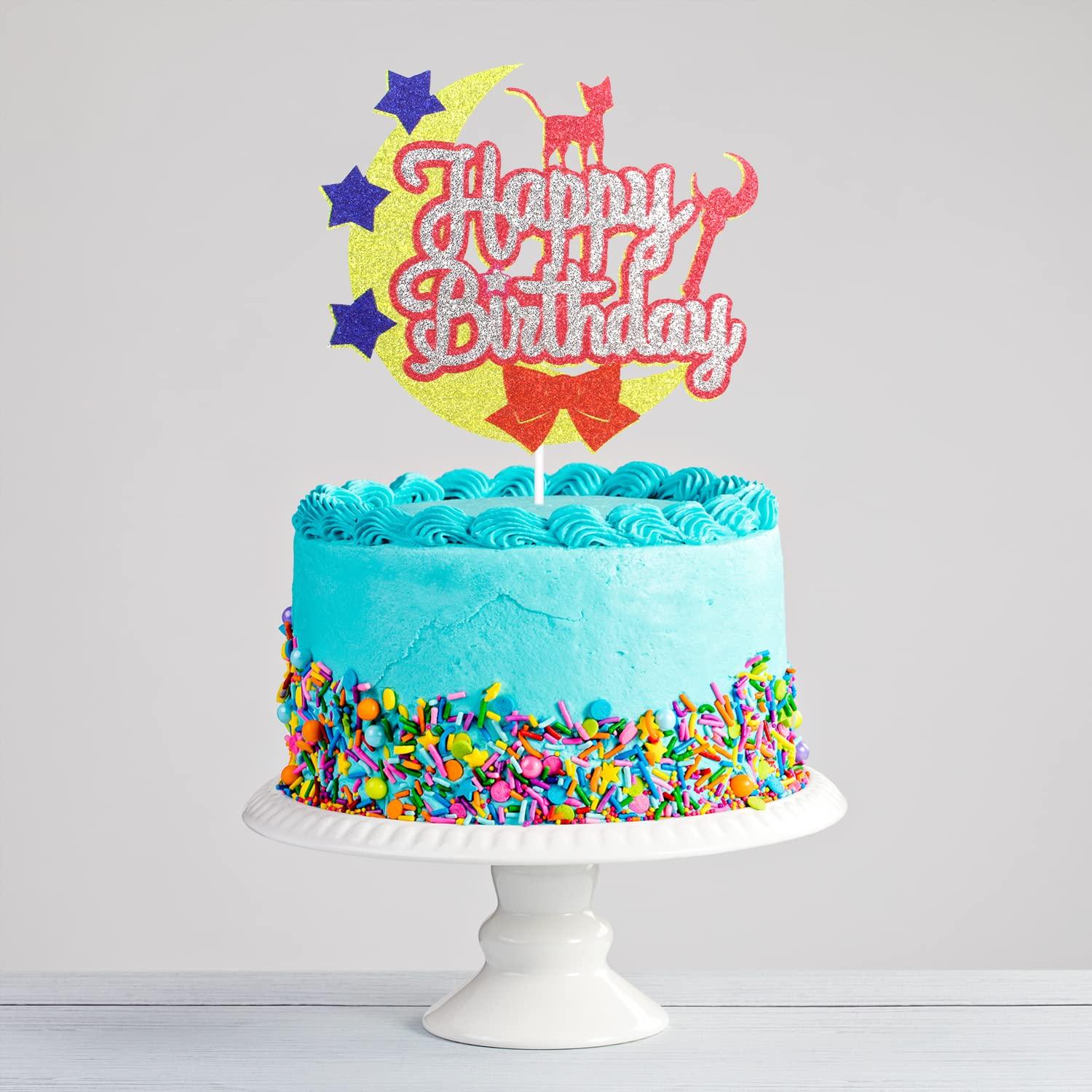 Caiwowo Moon Cat Happy Birthday Cake Topper - Moon Girls Sailor Birthday Party Glitter Cute Cat Cake Supplies - Pink Girl Happy Birthday Party Decoration