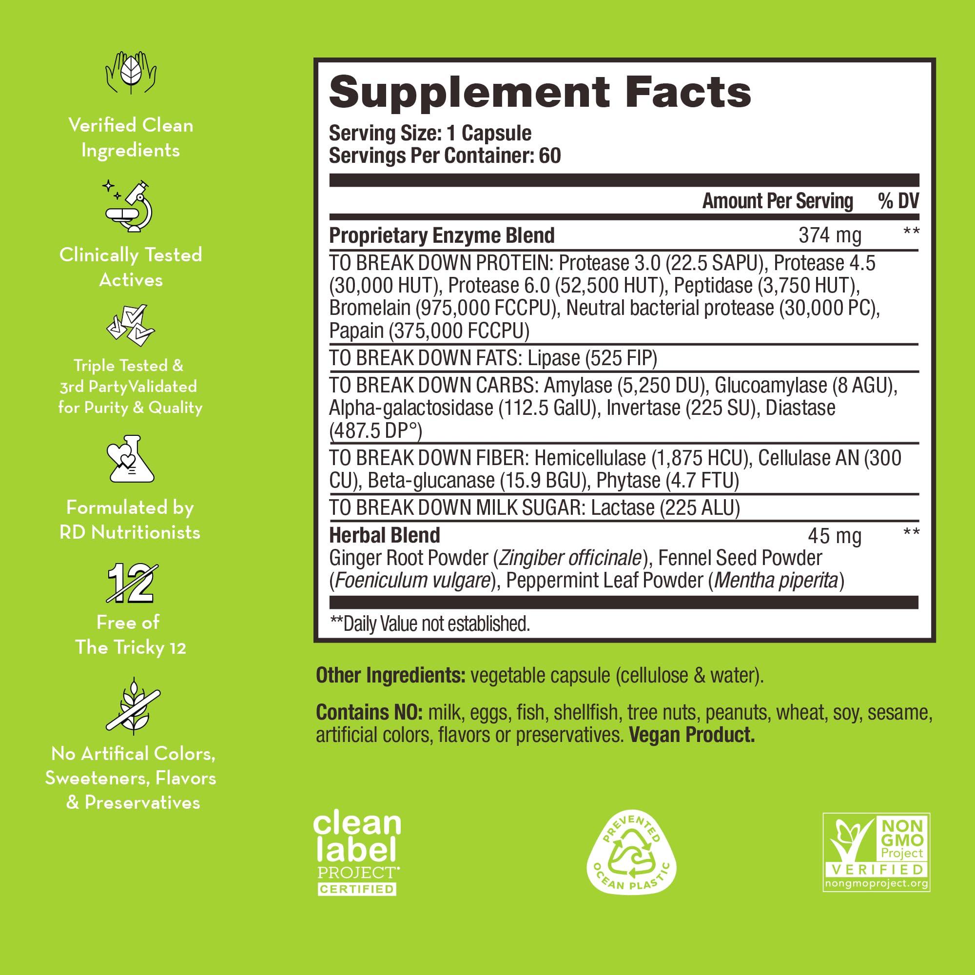 HUM HUM Flatter Me Extra Strength Digestive Enzymes - Fast-Acting Bloat Relief for Digestive Health & Debloating Multi Enzyme, Vegan, 60 Servings