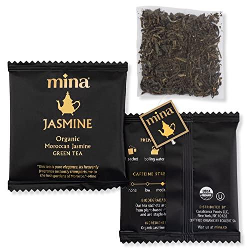 Mina Mina Organic Moroccan Jasmine Green Tea, 15 Biodegradable Sachets, Jasmine Scented Green Tea Bags with Enchanting Floral Essence, Refreshing Aroma, Enjoy Hot or Iced