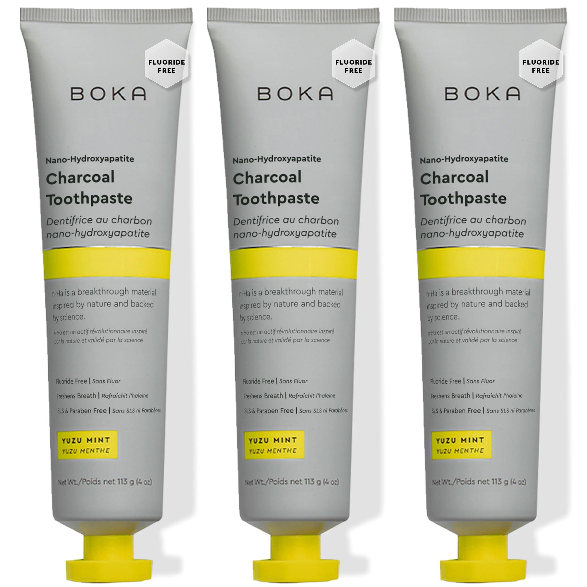 Boka Boka Charcoal Fluoride Free Toothpaste Nano Hydroxyapatite, Helps Remineralize, Appropriate for Sensitive Teeth, Whitening - for Adult, Kids Oral Care - Yuzu Mint Flavor, 4 Fl Oz 3Pk