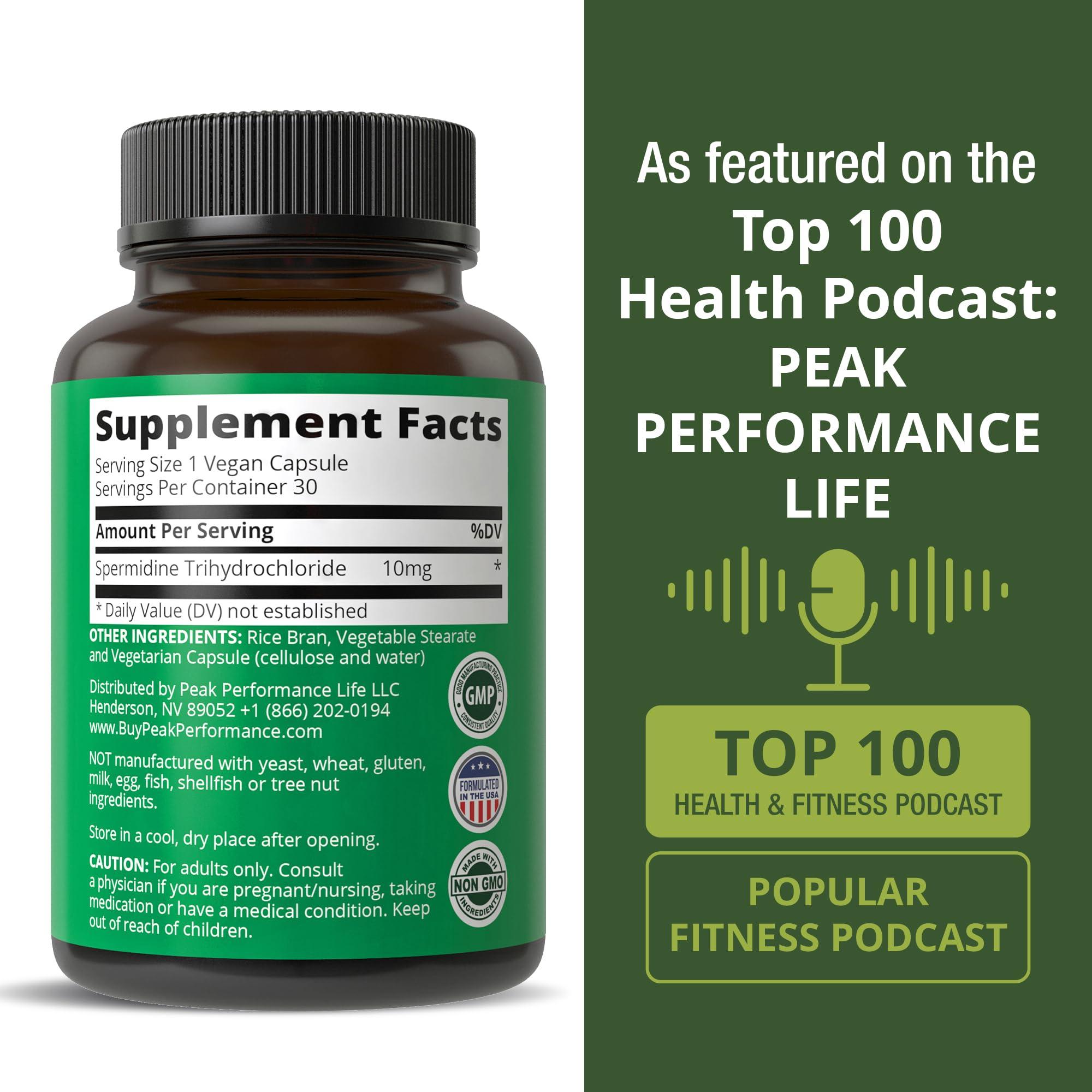 Peak Performance Spermidine Supplement Ultra High Strength Standardized to 99% Spermidine Trihydrochloride. More Potent Than Wheat Germ Extract. Vegan Capsules for Healthy Aging, Longevity. USA Tested Supplements
