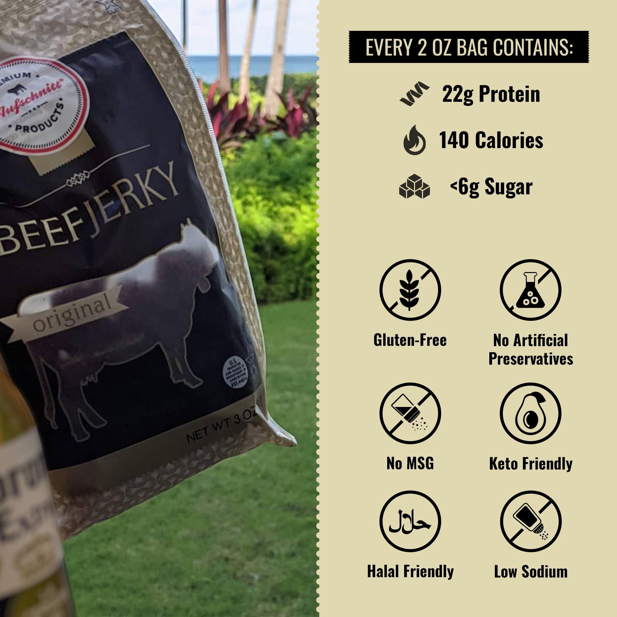 Premium Aufschnitt Products Aufschnitt Grass Fed Beef Jerky - Low Sodium, Certified Kosher - Made in USA - Keto & Halal Friendly - 24 Pack, Original