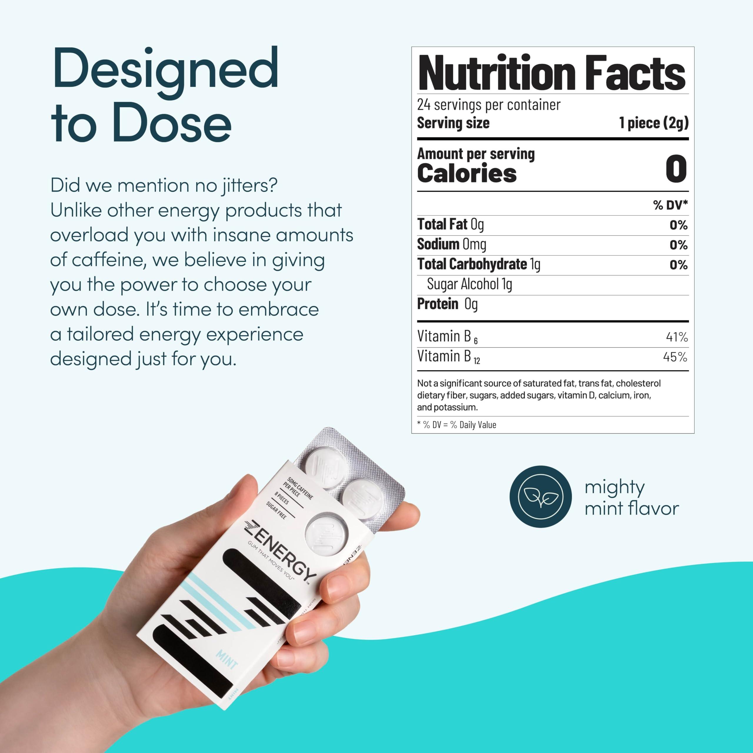 ZENERGY ZENERGY Energy Gum - Mint Flavor | 50mg Caffeine + 35% B6 and 45% B12 Vitamin | Vegan, 0 Sugar, 0 Calories, 0 Gluten, 0 Aspartame, Non-GMO, Instant Action | 3 Pack = 24 Count