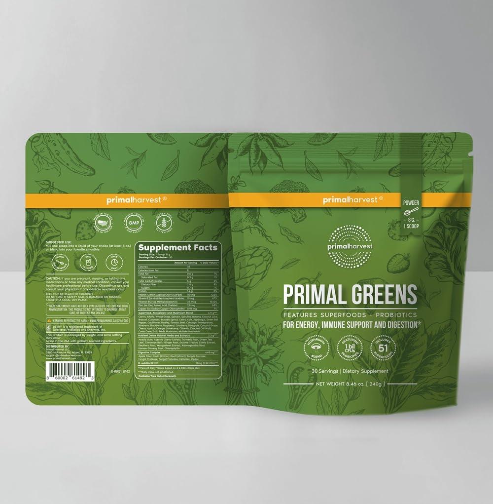 Primal Harvest 2 Pack, Super Greens Powder, 30 Servings w/+50 Greens Superfood Chlorella, Probiotics, Green Tea, Wheatgrass, Kale, Turmeric, Green Superfood Powder for Energy - Primal Greens