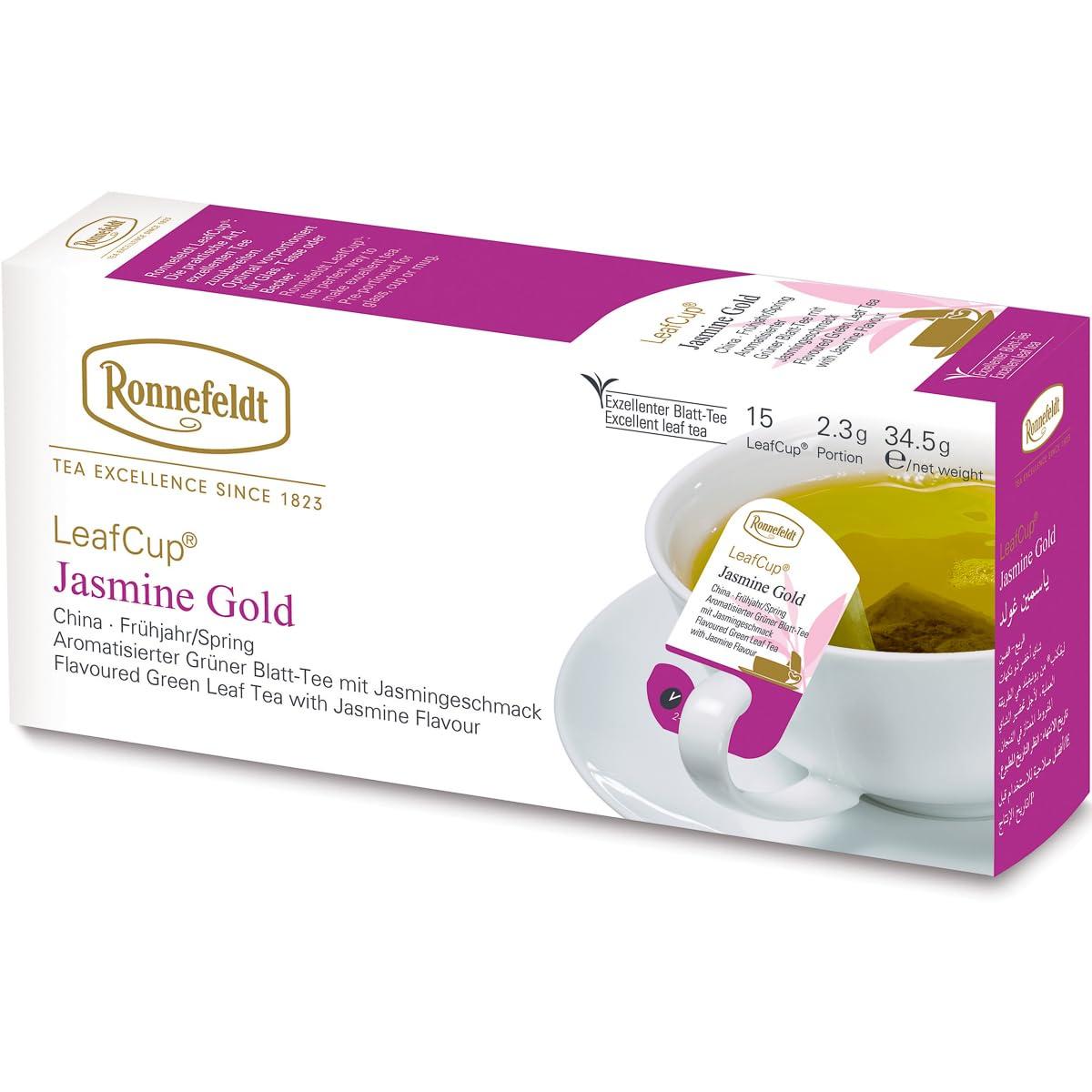 Ronnefeldt Ronnefeldt LeafCup Jasmine Gold - Green Tea Loose Leaf, 15 Individually Wrapped Tea Bags with Cardboard Tag to Hook on Cup - Natural Flavored Green Tea with Jasmine Flavour - Hot or Iced