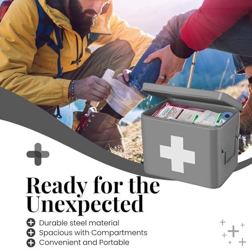 Flexzion Flexzion First Aid Box Organizer, Empty 8.5 Inch Gray Vintage First Aid Kit Tin Metal Medical Box First Aid Storage Box Container Bins with Dividers, Removable Tray and Cross Logo
