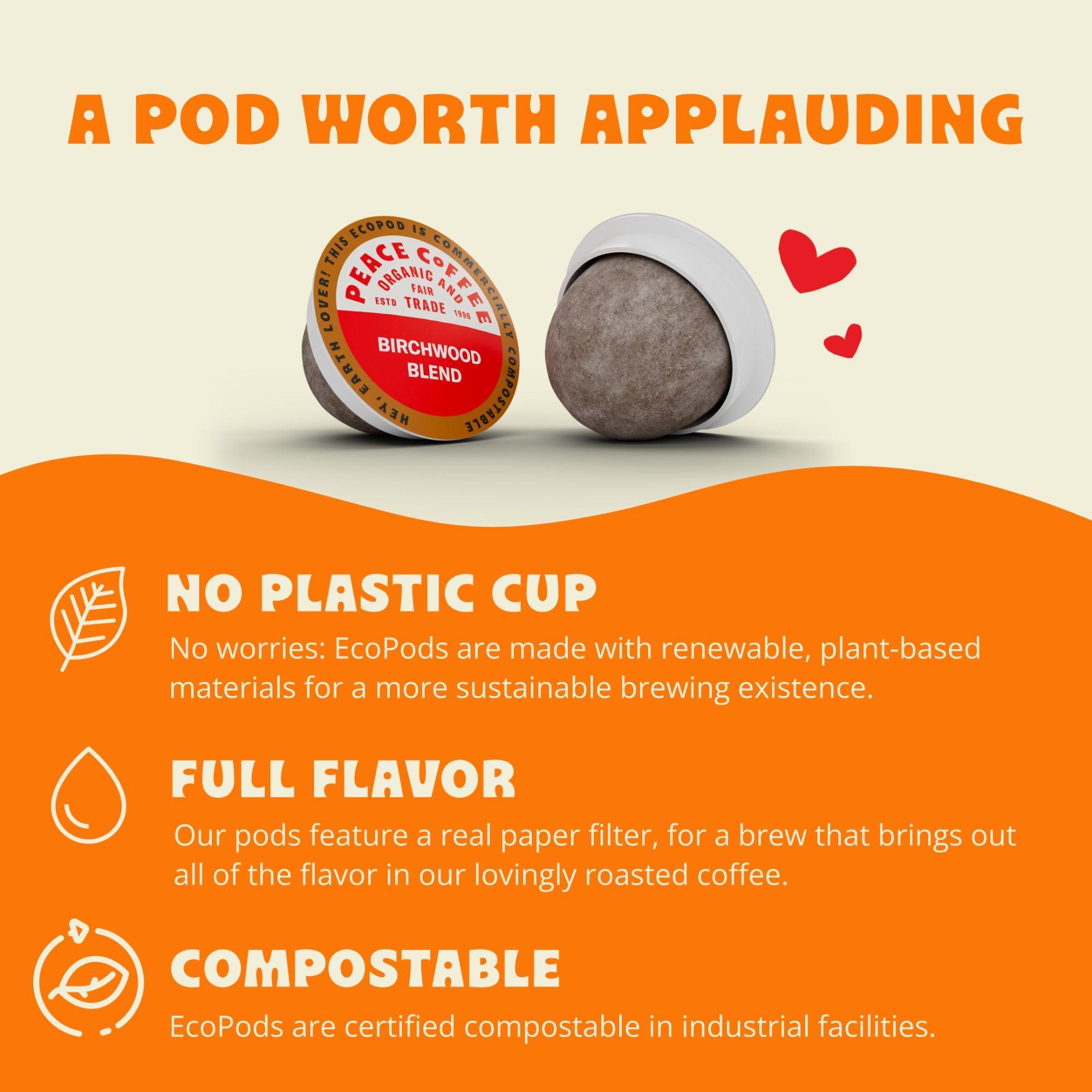 Peace Coffee Peace Coffee Birchwood Coffee Pods | Breakfast Blend, Medium Roast | Organic Fair Trade | Shade Grown, Fresh Roasted | 72 Count