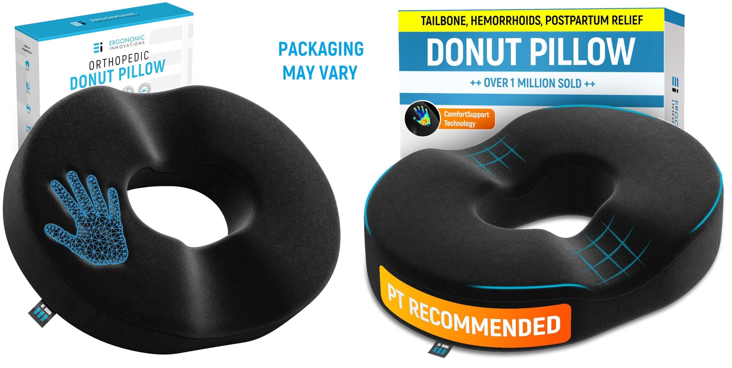 Ergonomic Innovations Donut Pillow Coccyx Seat Cushion for Tailbone Pain Relief, Hemorrhoid Pillow, Post Surgery, Postpartum Pregnancy, Back, Hip Pain, Sitting Butt Doughnut Ring, Comfortably Supports 240 Lbs Men & Women