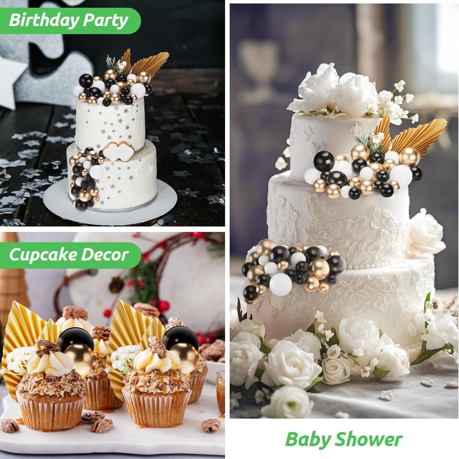 Hoemwarm Hoemwarm 41 PCS Black Ball Cake Toppers Ball Cake Picks Boho Gold Palm Leaves Cake Decor Gold Mini Balloon Dried Flower Topper Pearl Ball Cake Insert for Baby Shower Birthday Wedding Party(Black)