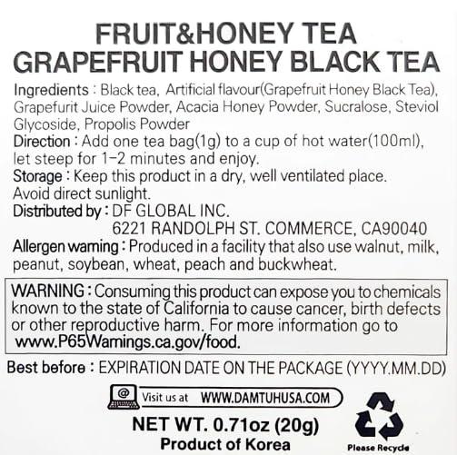 Damtuh Damtuh Grapefruit Honey Black Tea Bag Zero Calorie Zero Sugar 20g x 20 Count (Pack of 1)