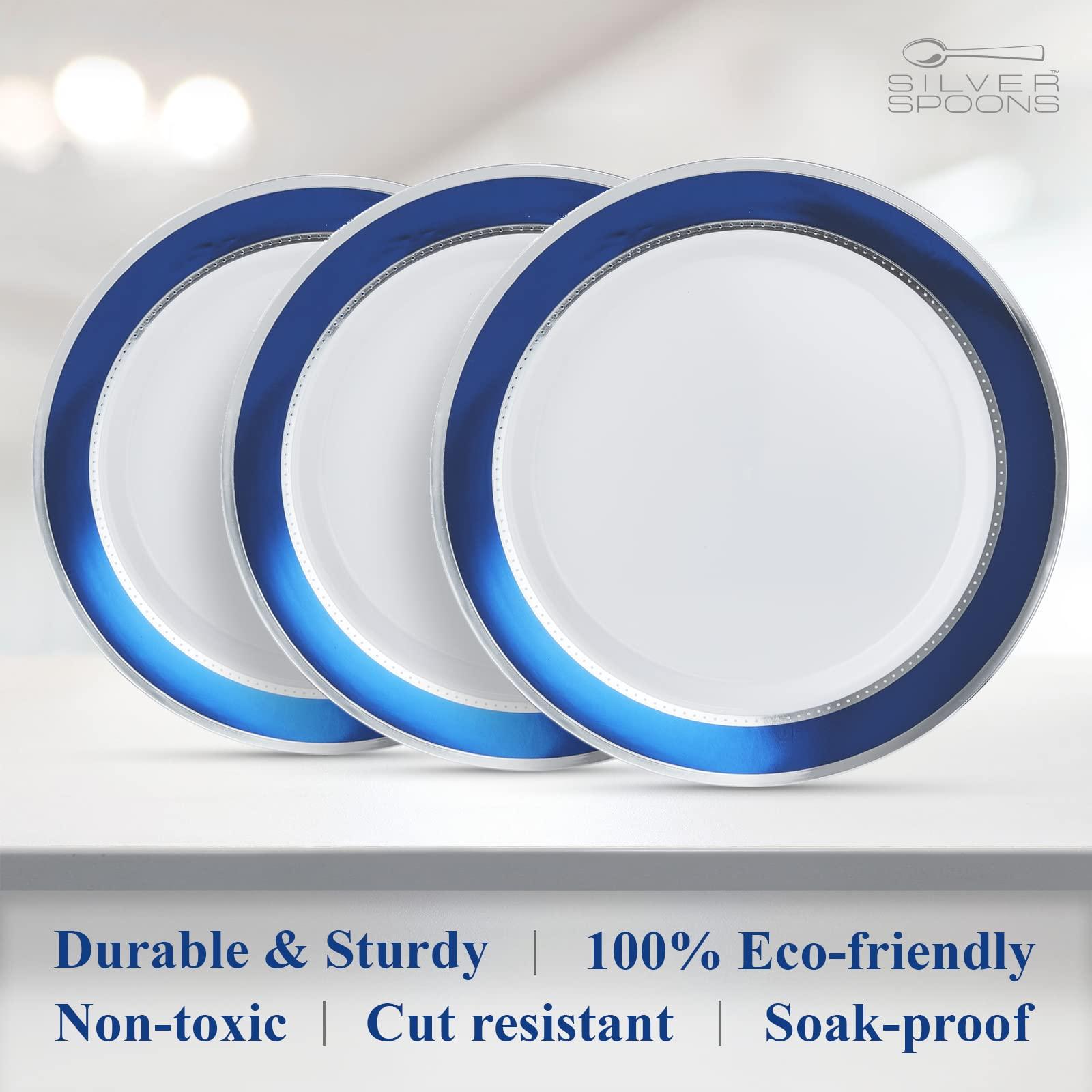 Silver Spoons SILVER SPOONS Elegant Disposable Plates For Party - (10 Piece) Heavy Duty Disposable Dinner Set, Fine Dining Plastic Dishes For Elegant China Look, Great for Celebrations & Events, Blue