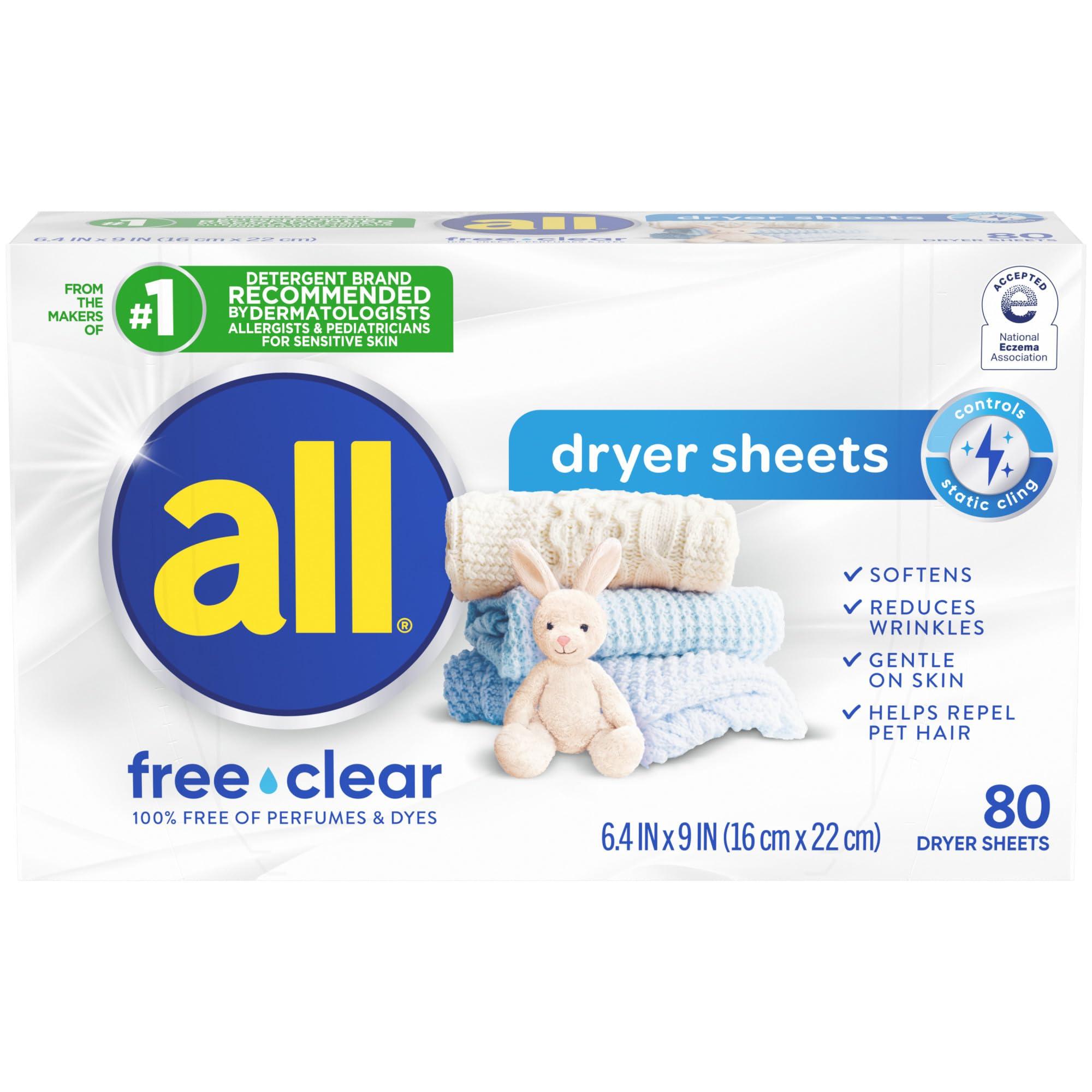all all Fabric Softener Dryer Sheets for Sensitive Skin, Free Clear, 80 Count